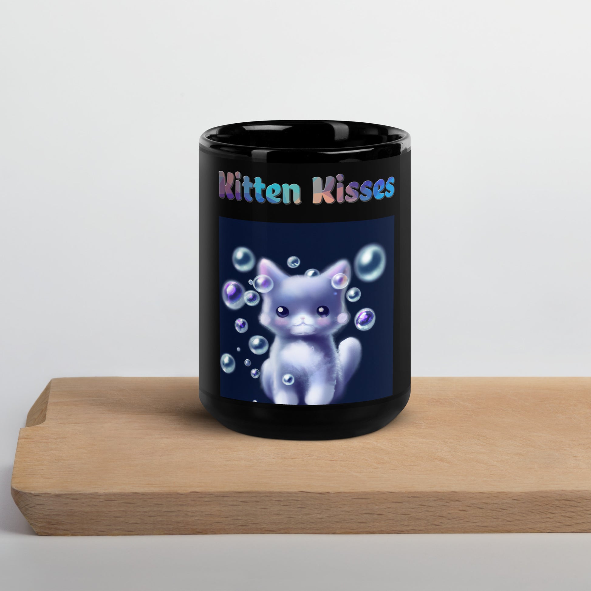 Black Glossy Mug with Cat With Soap Bubbles with text "Kitten Kisses" at $25.97 found at Personalizedpetlovergifts