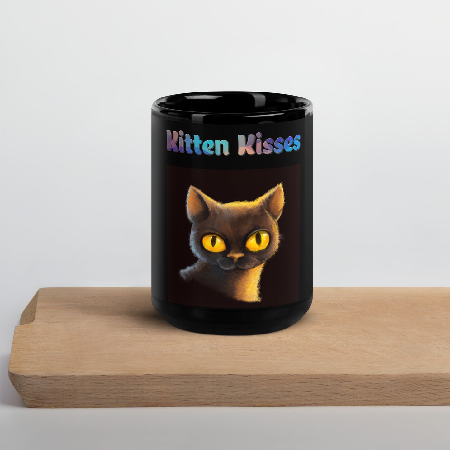 Black Glossy Mug with Cat With Shiny Yellow Eyes with text "Kitten Kisses" at $25.97 found at Personalizedpetlovergifts