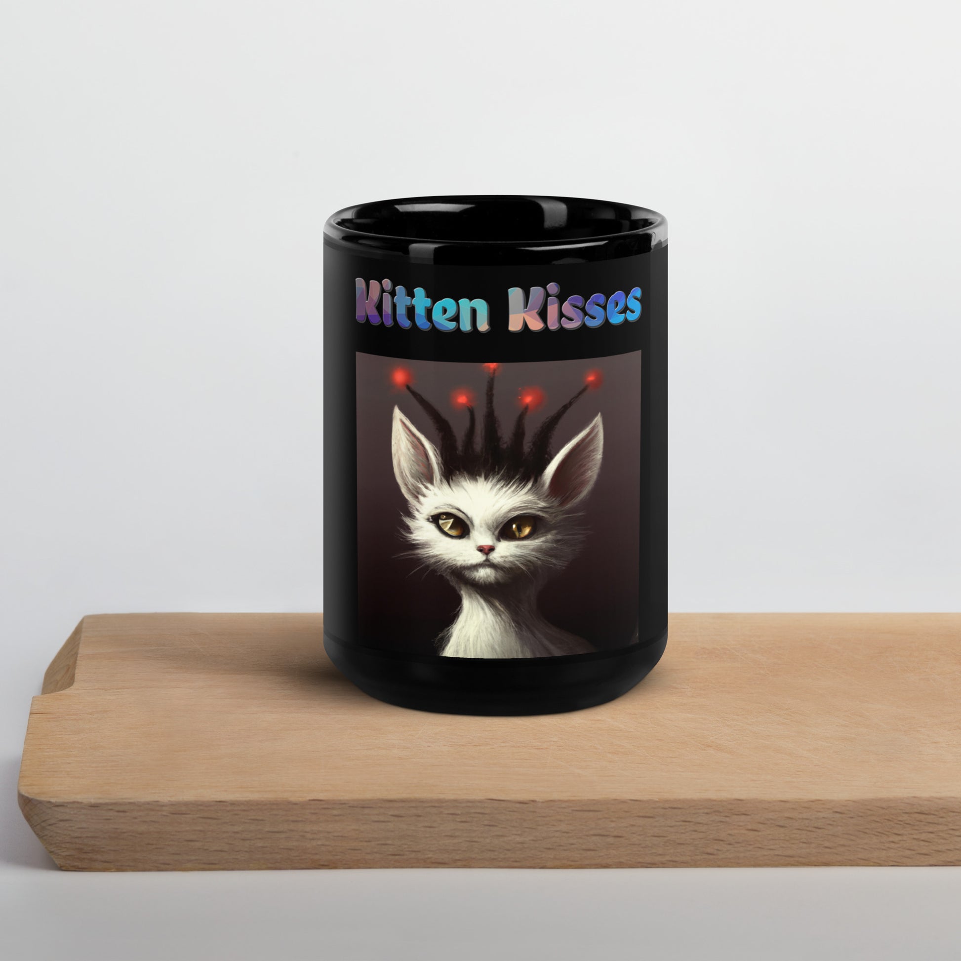 Black Glossy Mug with Cat With Red Alien Spikes with text "Kitten Kisses" at $25.97 found at Personalizedpetlovergifts