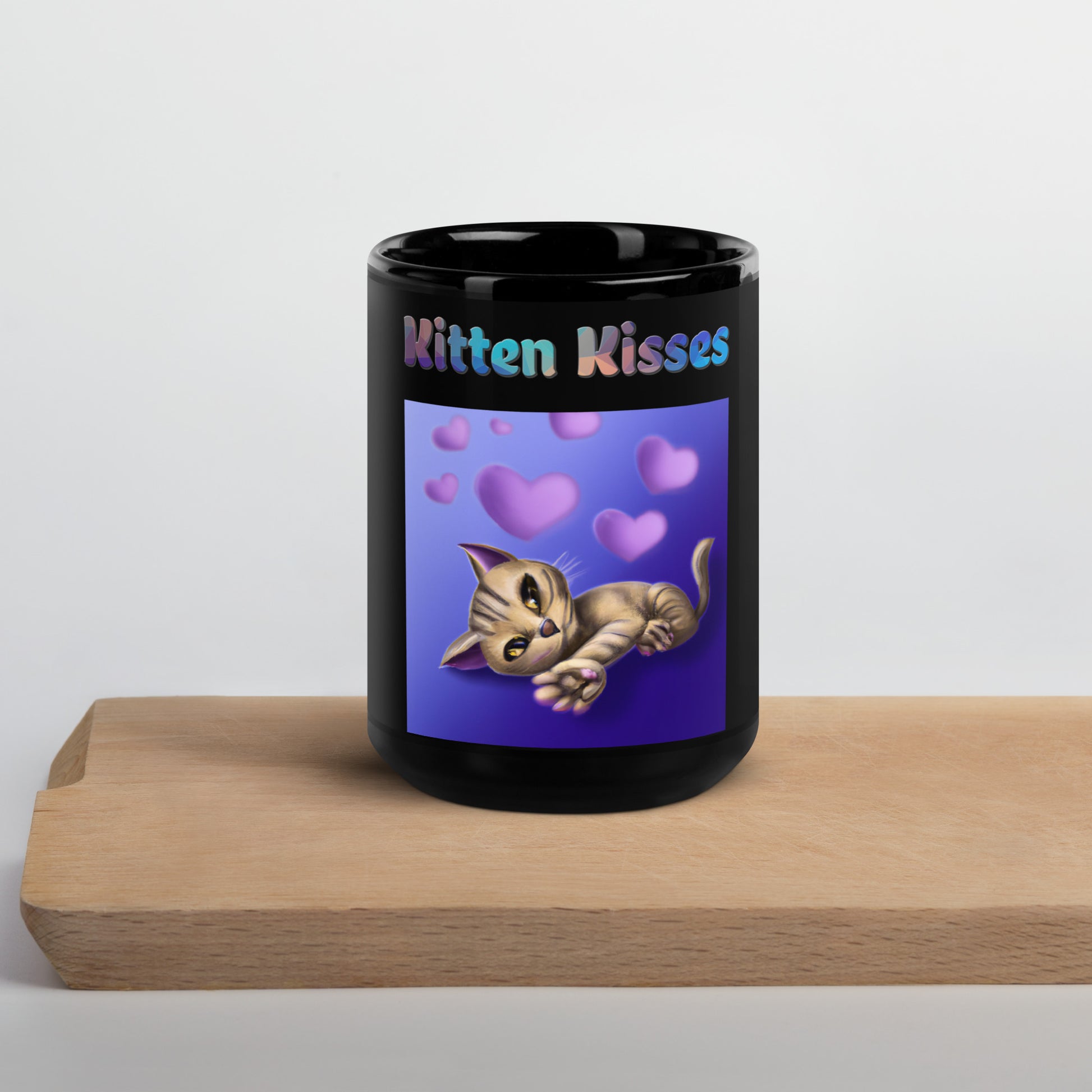 Black Glossy Mug with Cat With Purple Hearts with text "Kitten Kisses" at $25.97 found at Personalizedpetlovergifts