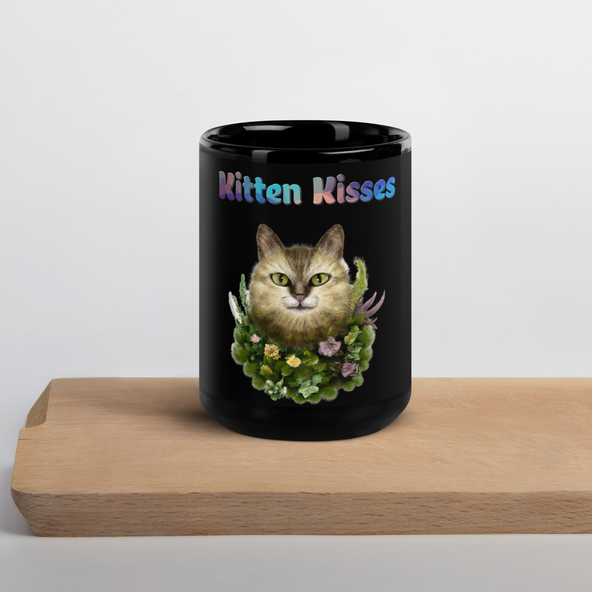 Black Glossy Mug with Cat With Plants And Flowers with text "Kitten Kisses" at $25.97 found at Personalizedpetlovergifts