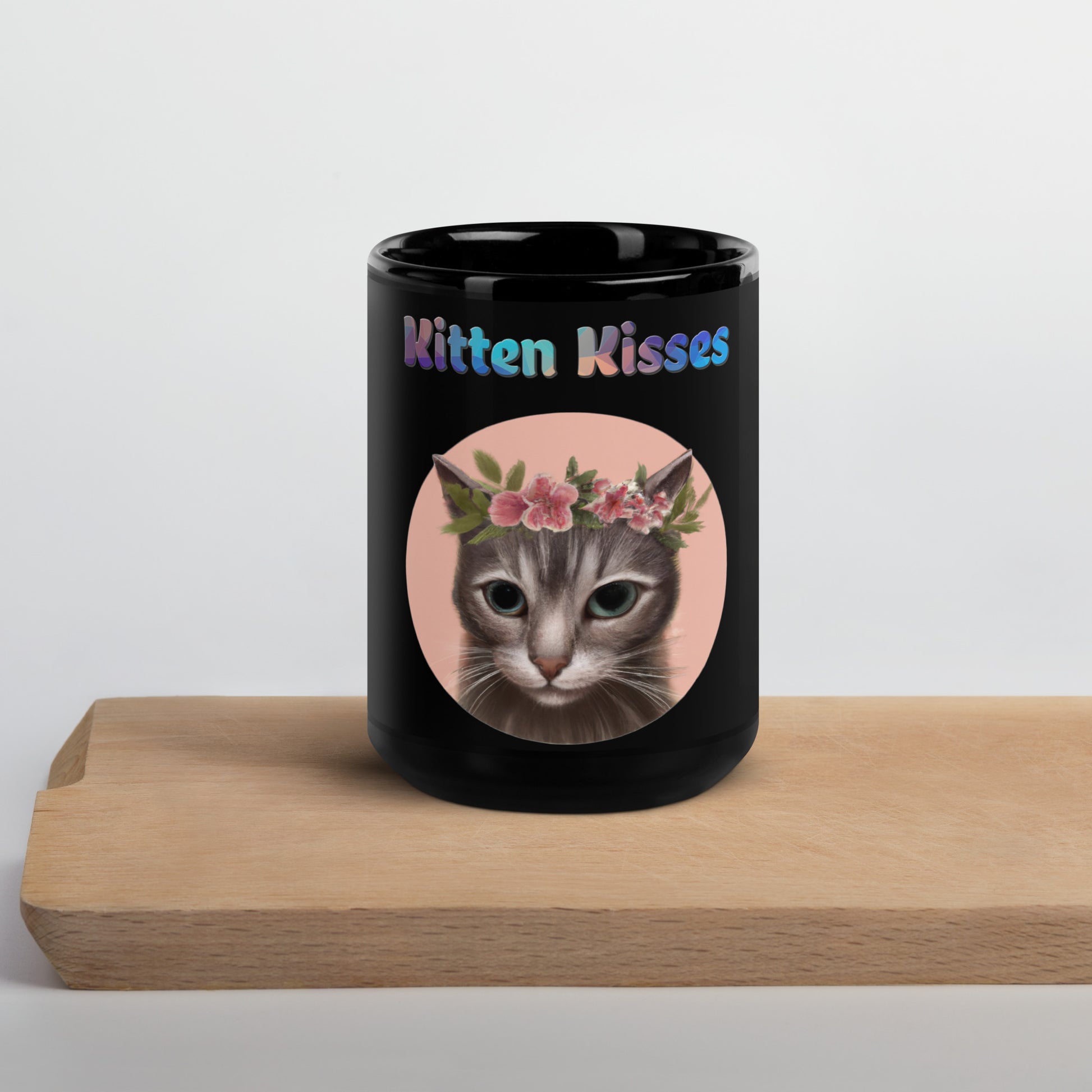 Black Glossy Mug with Cat With Pink Floral Headpiece with text "Kitten Kisses" at $25.97 found at Personalizedpetlovergifts