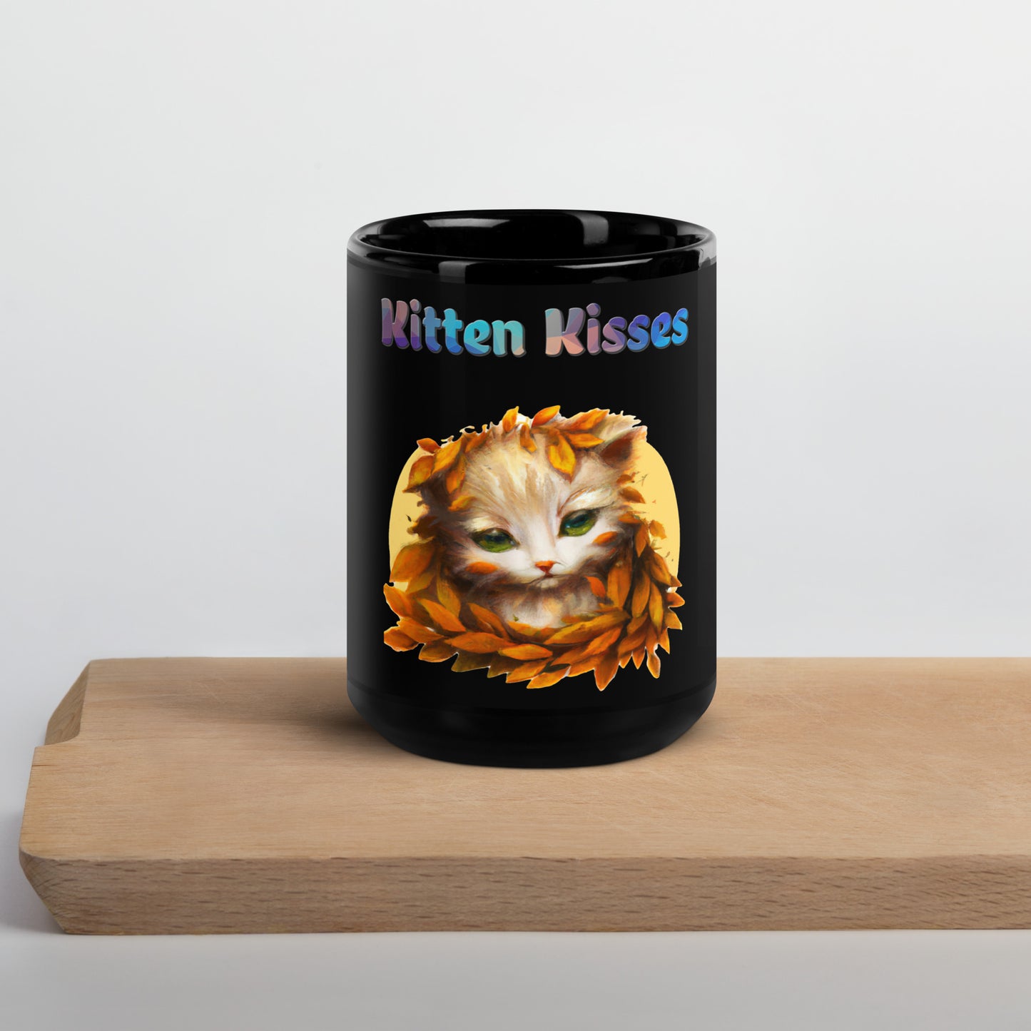 Black Glossy Mug with Cat With Orange Leaves with text "Kitten Kisses" at $25.97 found at Personalizedpetlovergifts