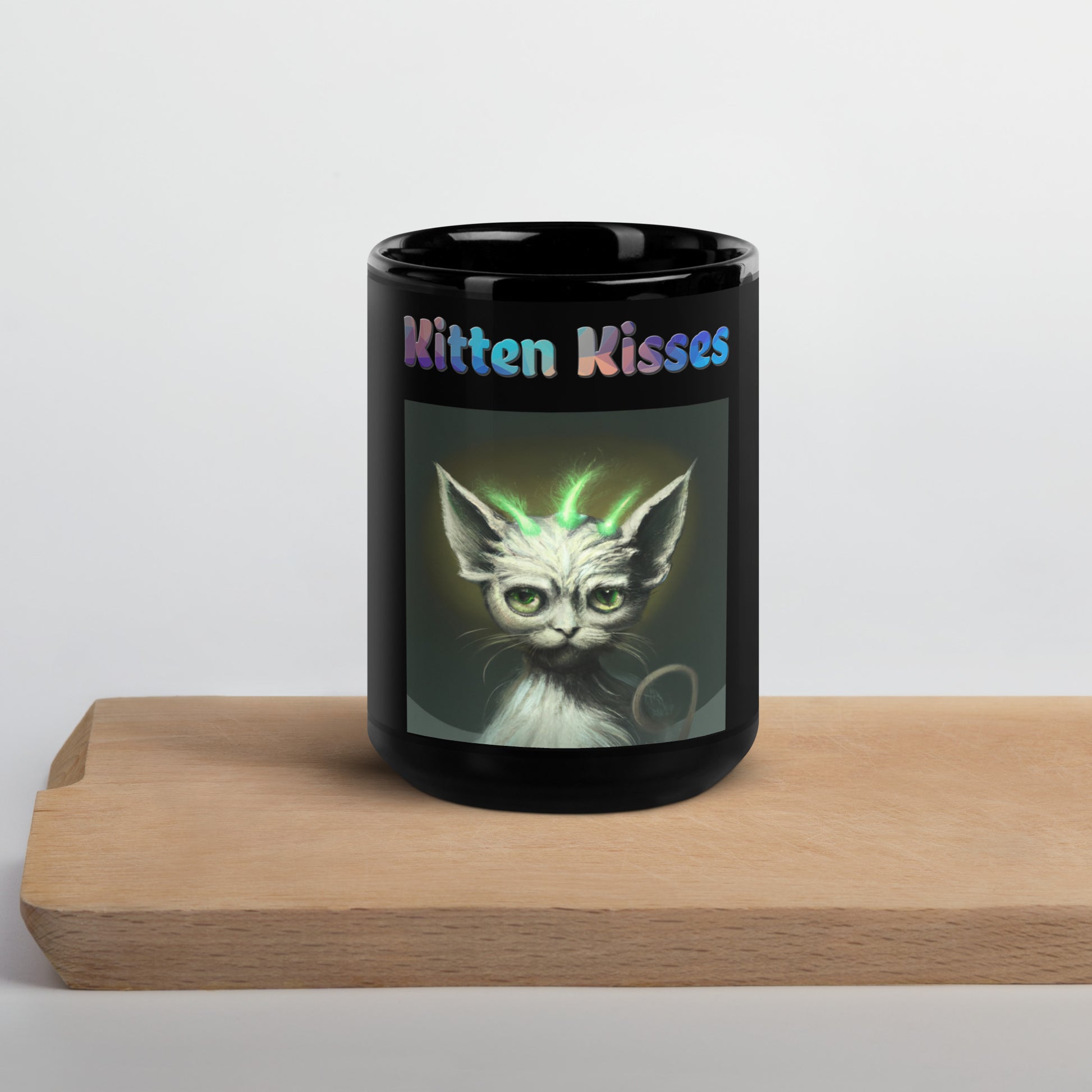 Black Glossy Mug with Cat With Green Alien Spikes with text "Kitten Kisses" at $25.97 found at Personalizedpetlovergifts