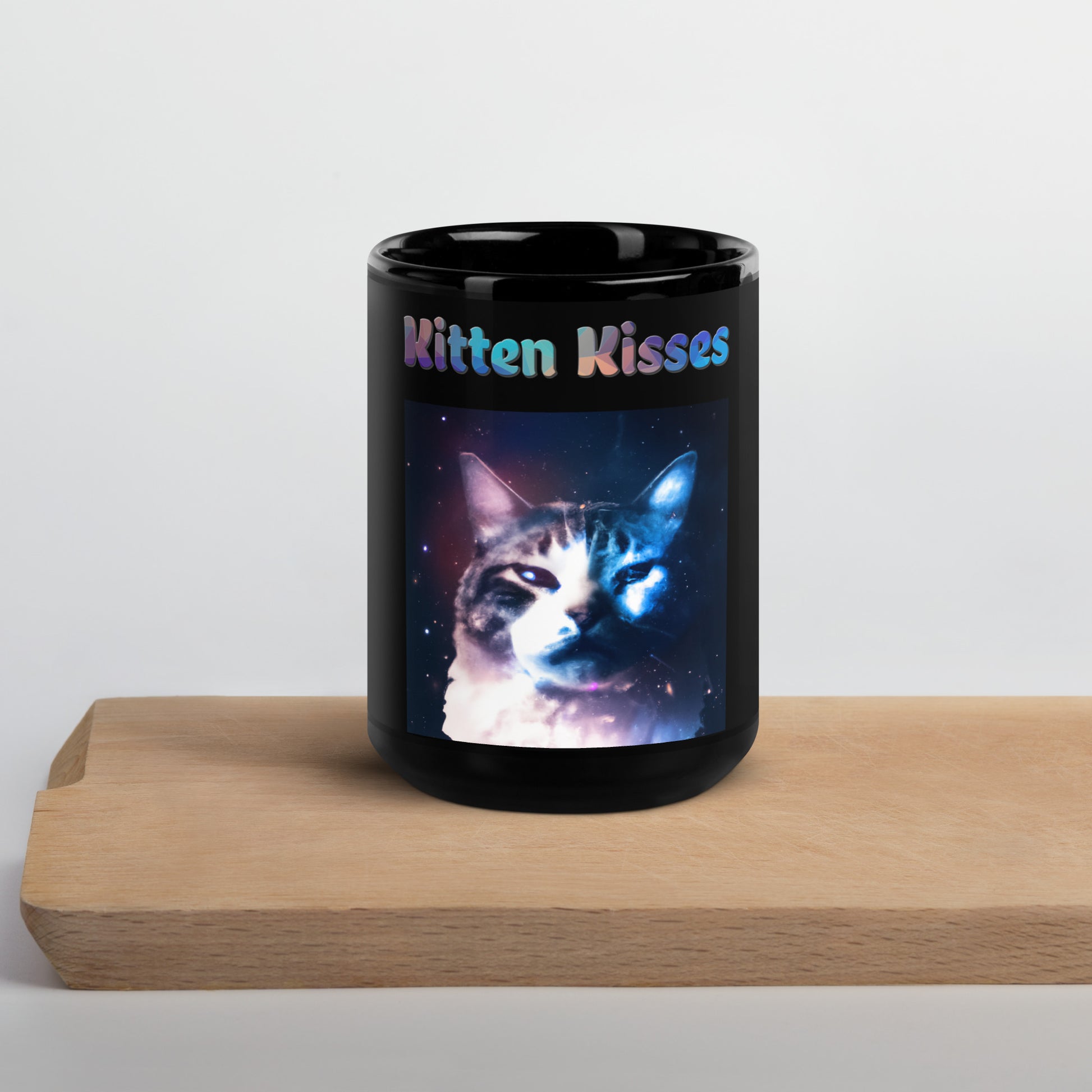 Black Glossy Mug with Cat With Galaxy with text "Kitten Kisses" at $25.97 found at Personalizedpetlovergifts