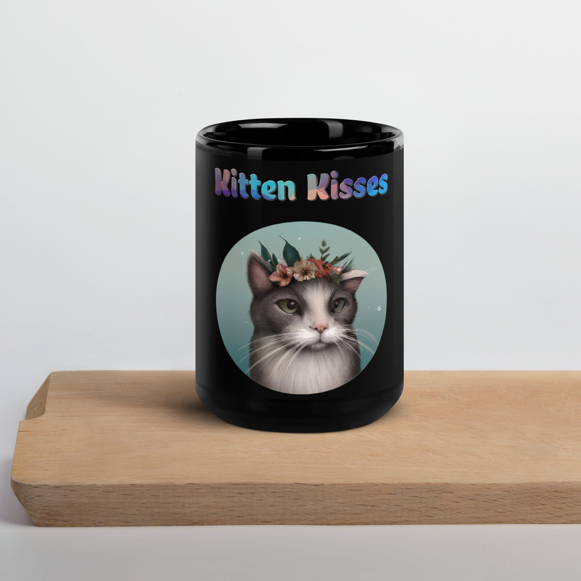 Black Glossy Mug with Cat With Flowers with text "Kitten Kisses" at $25.97 found at Personalizedpetlovergifts