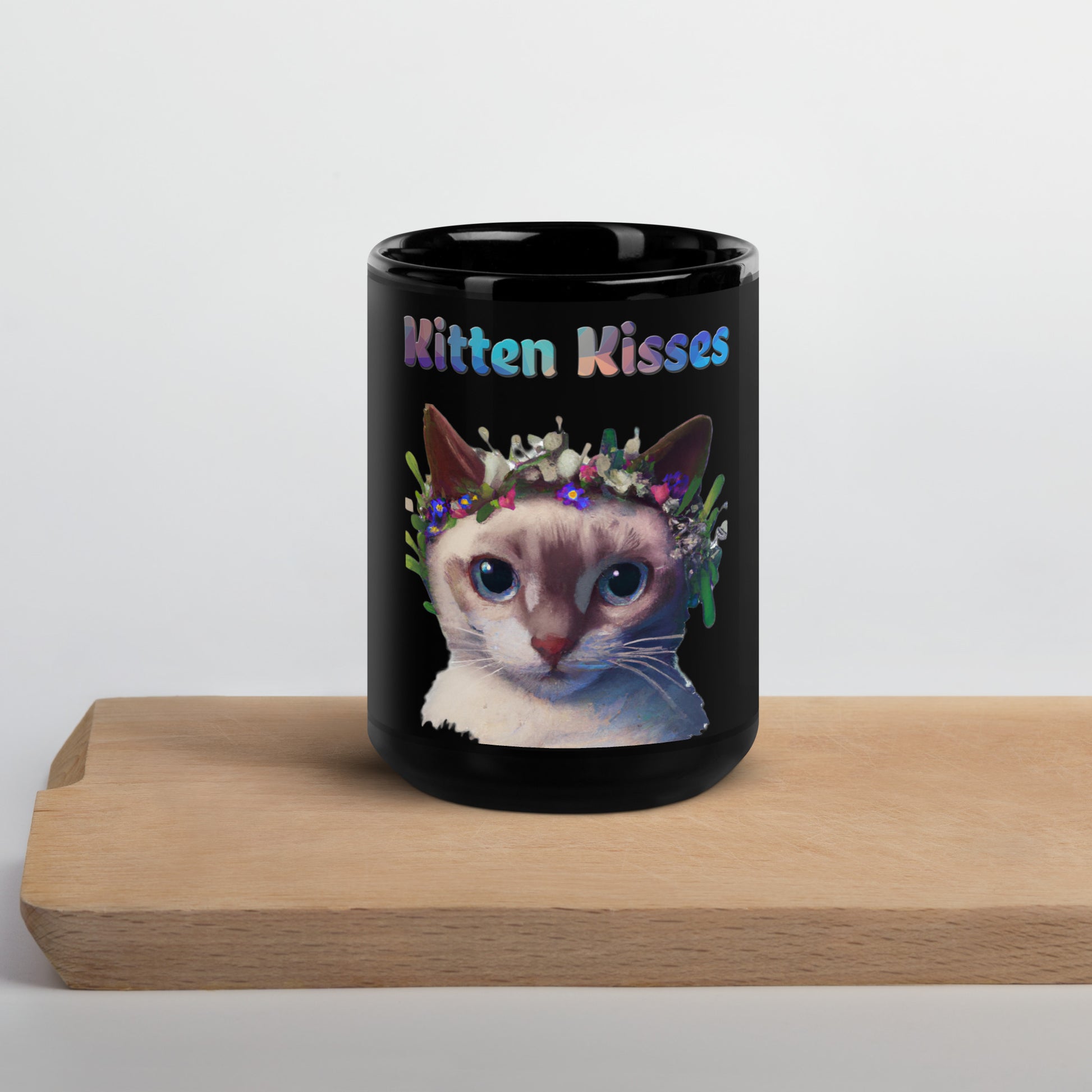 Black Glossy Mug with Cat With Flowers On Head with text "Kitten Kisses" at $25.97 found at Personalizedpetlovergifts