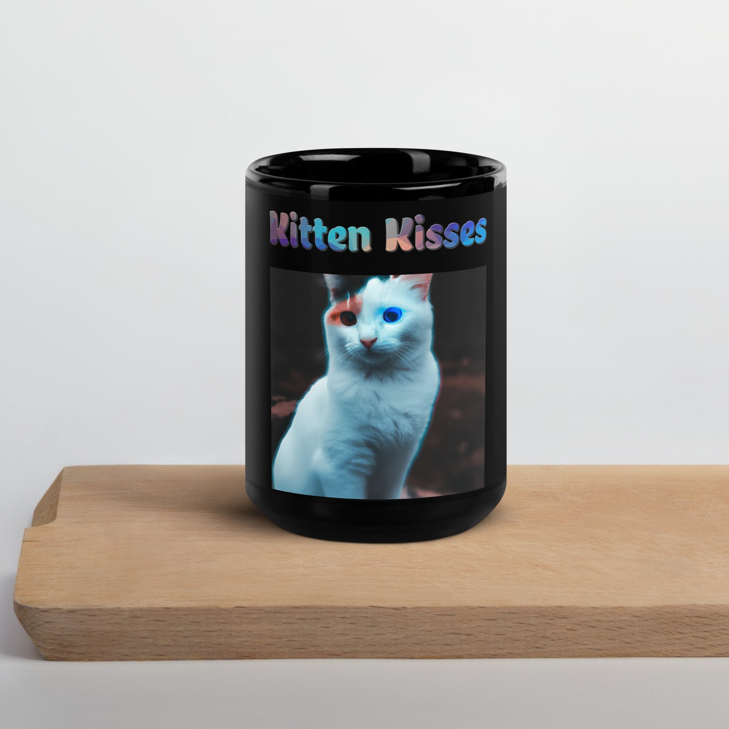 Black Glossy Mug with Cat With Colorful Eyes with text "Kitten Kisses" at $25.97 found at Personalizedpetlovergifts