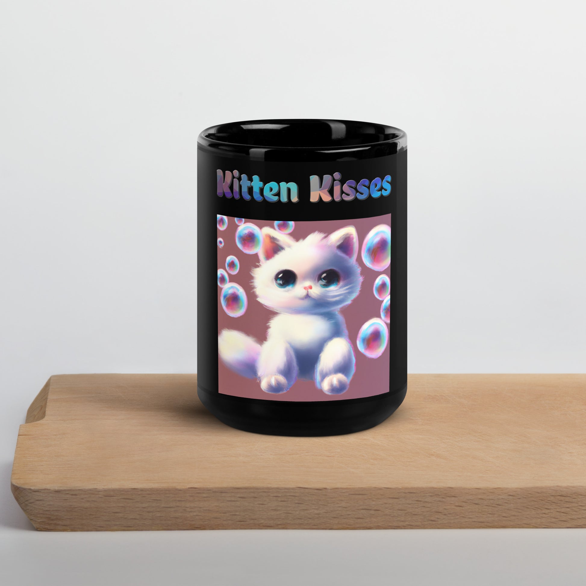 Black Glossy Mug with Cat With Bubbles with text "Kitten Kisses" at $25.97 found at Personalizedpetlovergifts