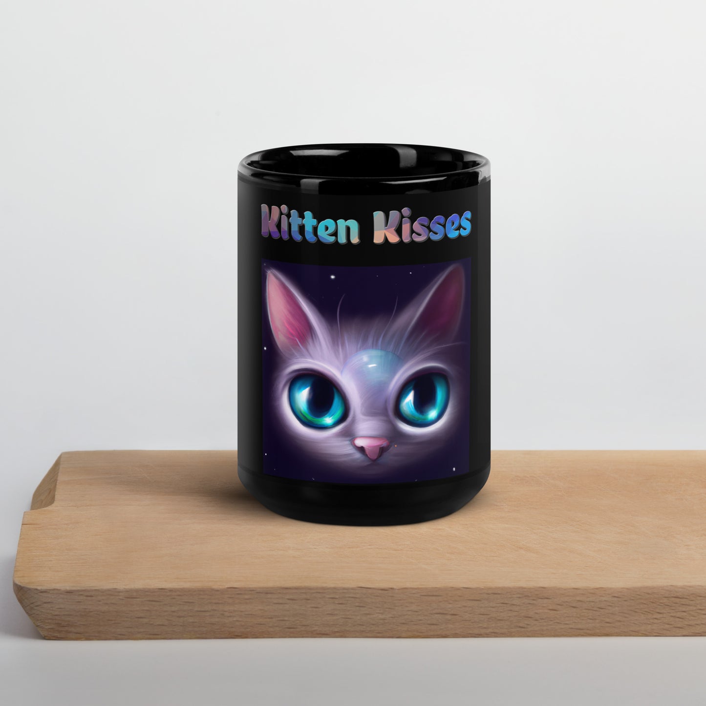 Black Glossy Mug with Cat With Bright Blue Eyes with text "Kitten Kisses" at $25.97 found at Personalizedpetlovergifts