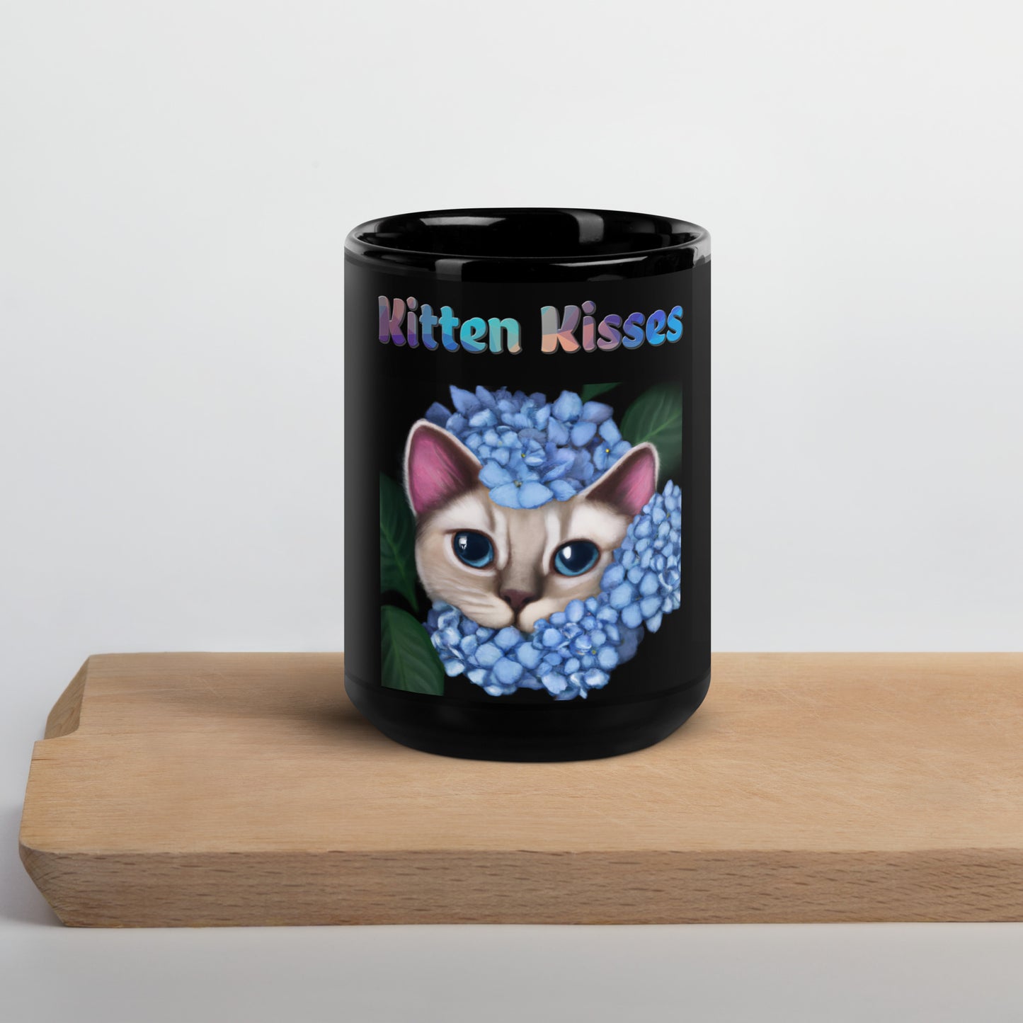 Black Glossy Mug with Cat With Blue Hydrangea Flowers with text "Kitten Kisses" at $25.97 found at Personalizedpetlovergifts