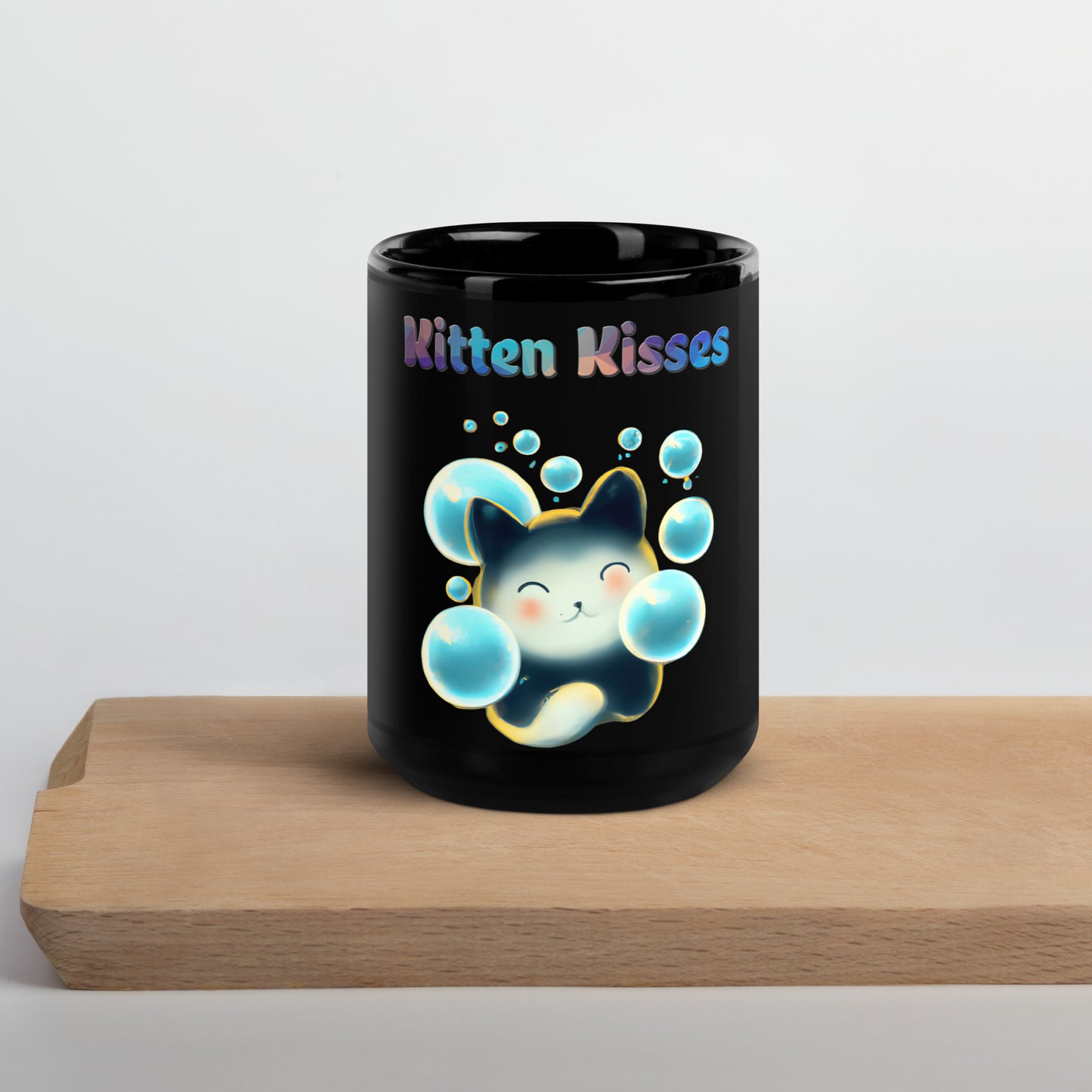 Black Glossy Mug with Cat With Blue Bubbles with text "Kitten Kisses" at $25.97 found at Personalizedpetlovergifts