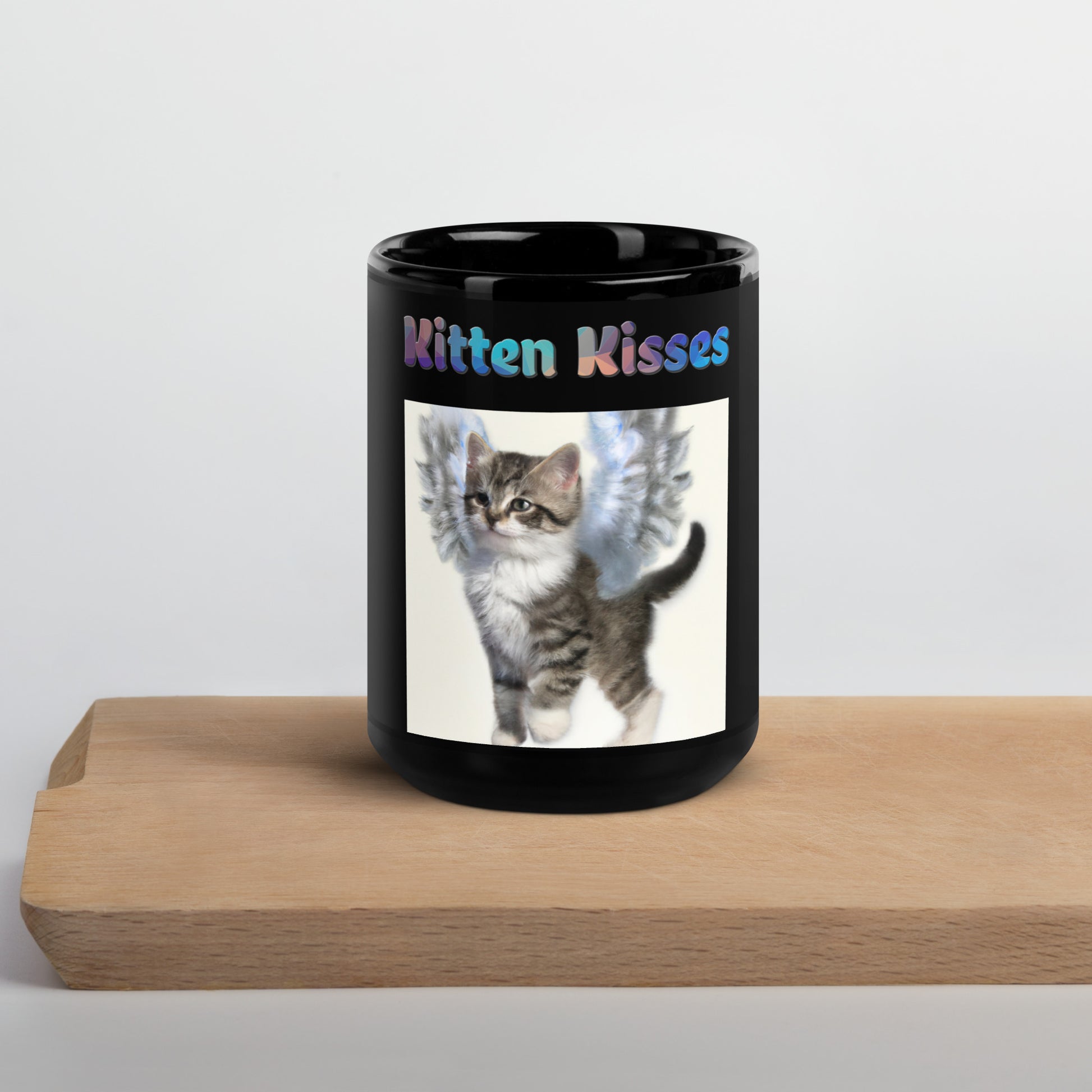 Black Glossy Mug with Cat With Beautiful Angel Wings with text "Kitten Kisses" at $25.97 found at Personalizedpetlovergifts