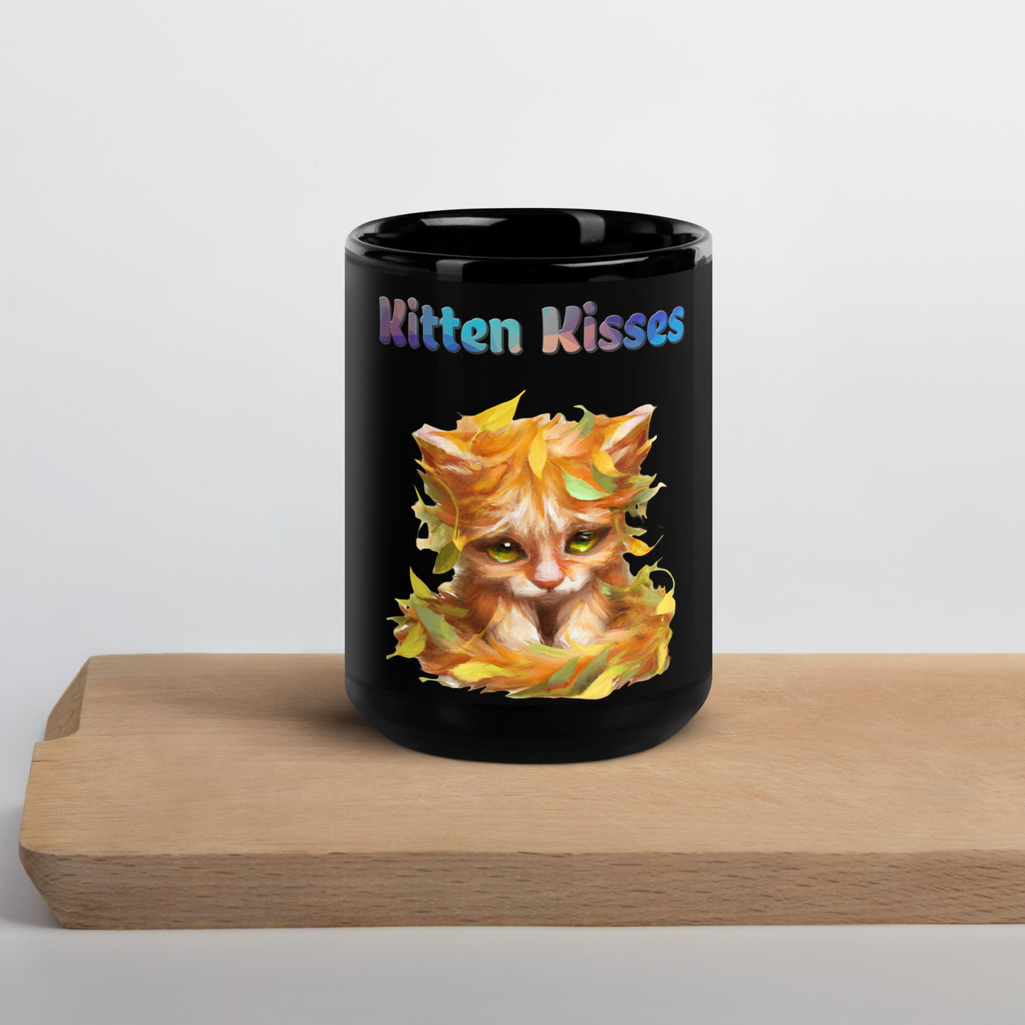 Black Glossy Mug with Cat With Autumn Leaves with text "Kitten Kisses" at $25.97 found at Personalizedpetlovergifts