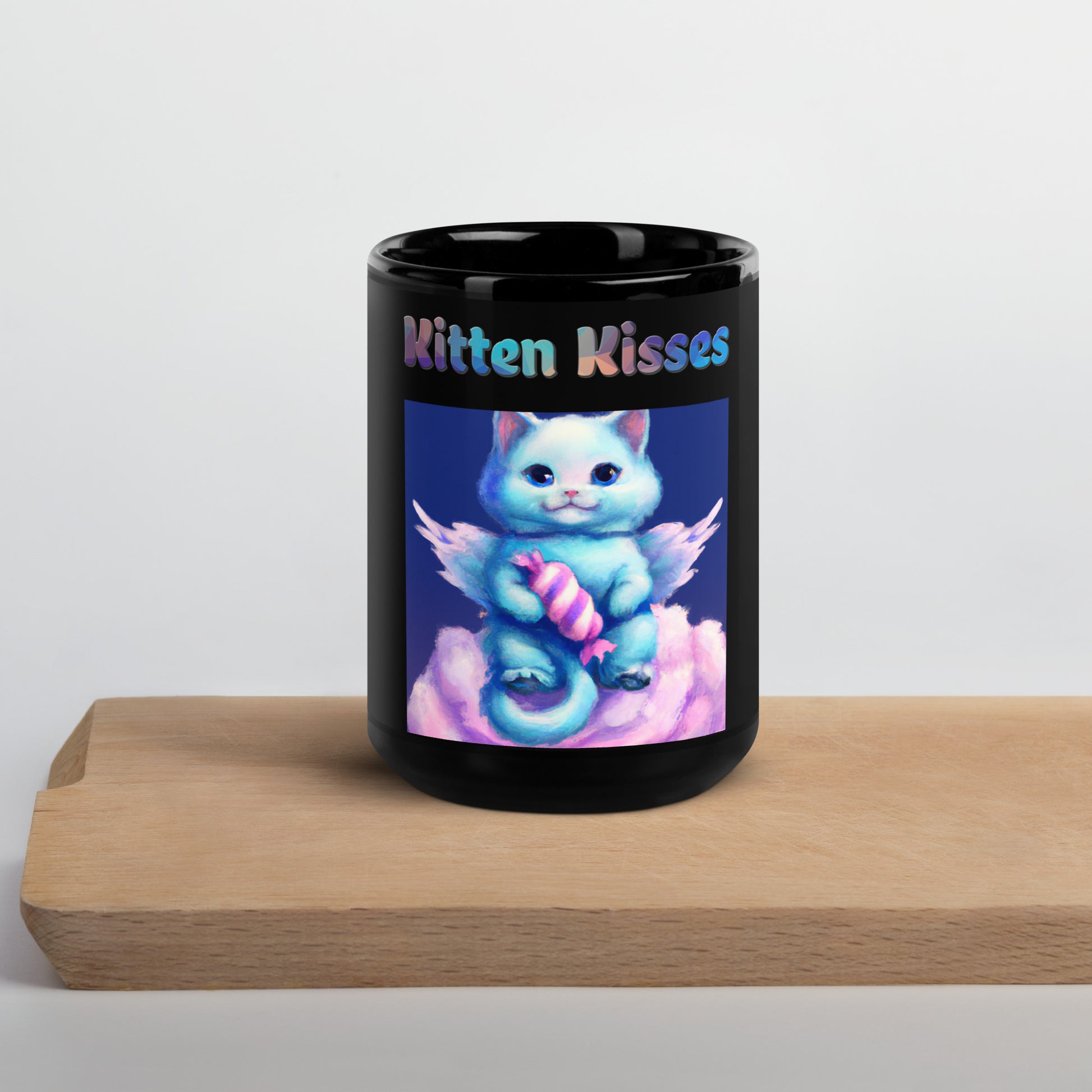 Black Glossy Mug with Cat With Angel Wings In The Clouds with text "Kitten Kisses" at $25.97 found at Personalizedpetlovergifts