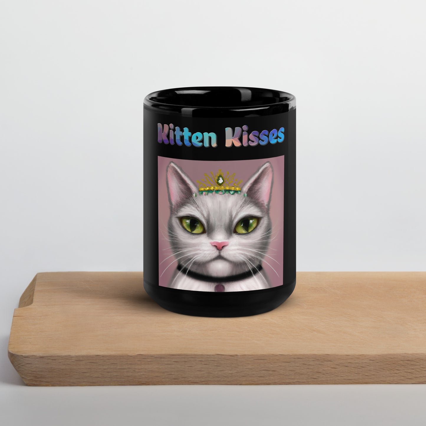 Black Glossy Mug with Cat With a Tiara with text "Kitten Kisses" at $25.97 found at Personalizedpetlovergifts