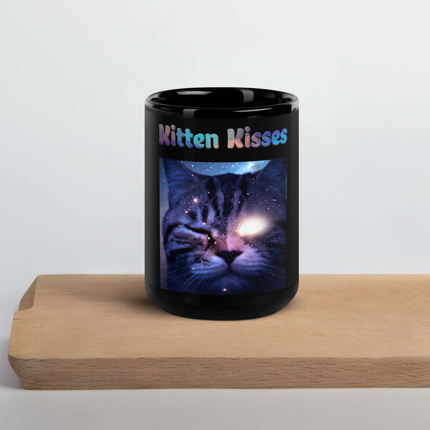 Black Glossy Mug with Cat With a Shiny Eye with text "Kitten Kisses" at $25.97 found at Personalizedpetlovergifts