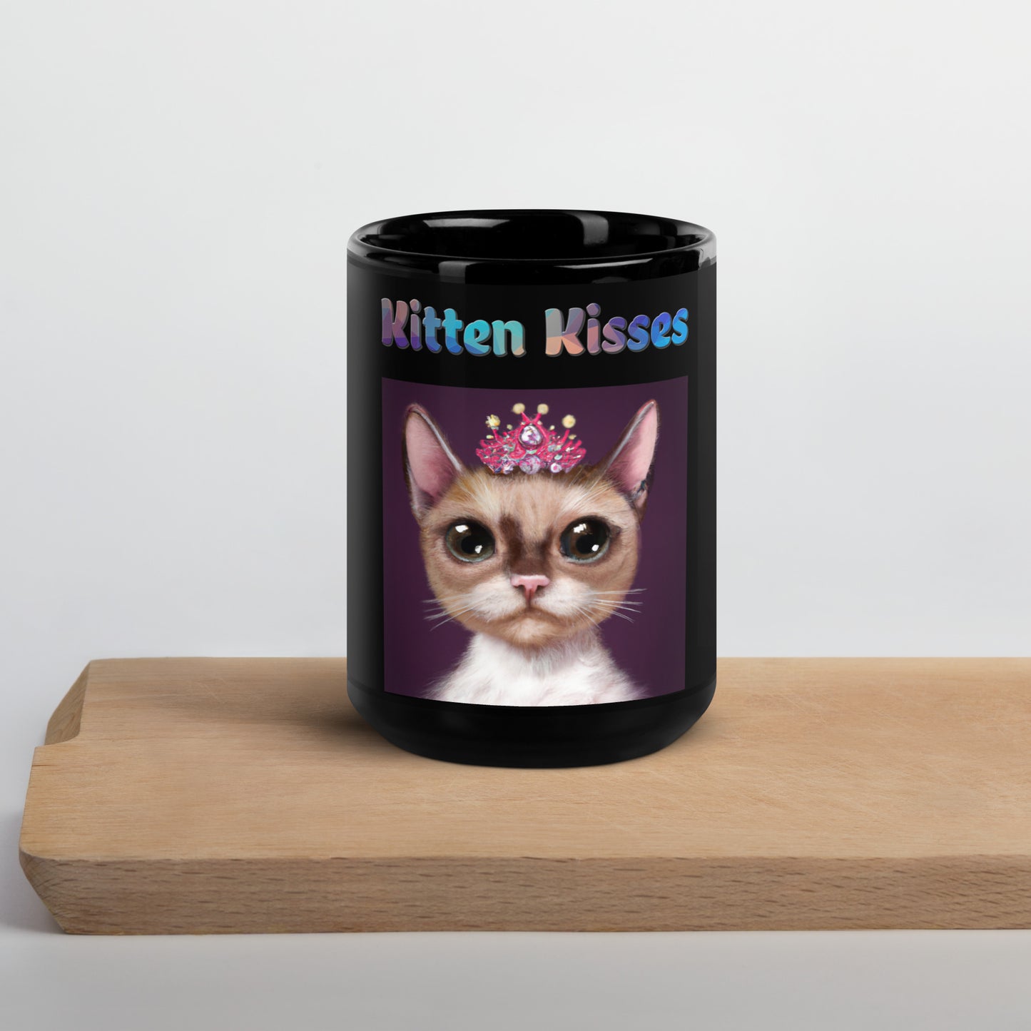 Black Glossy Mug with Cat With a Pink Tiara with text "Kitten Kisses" at $25.97 found at Personalizedpetlovergifts