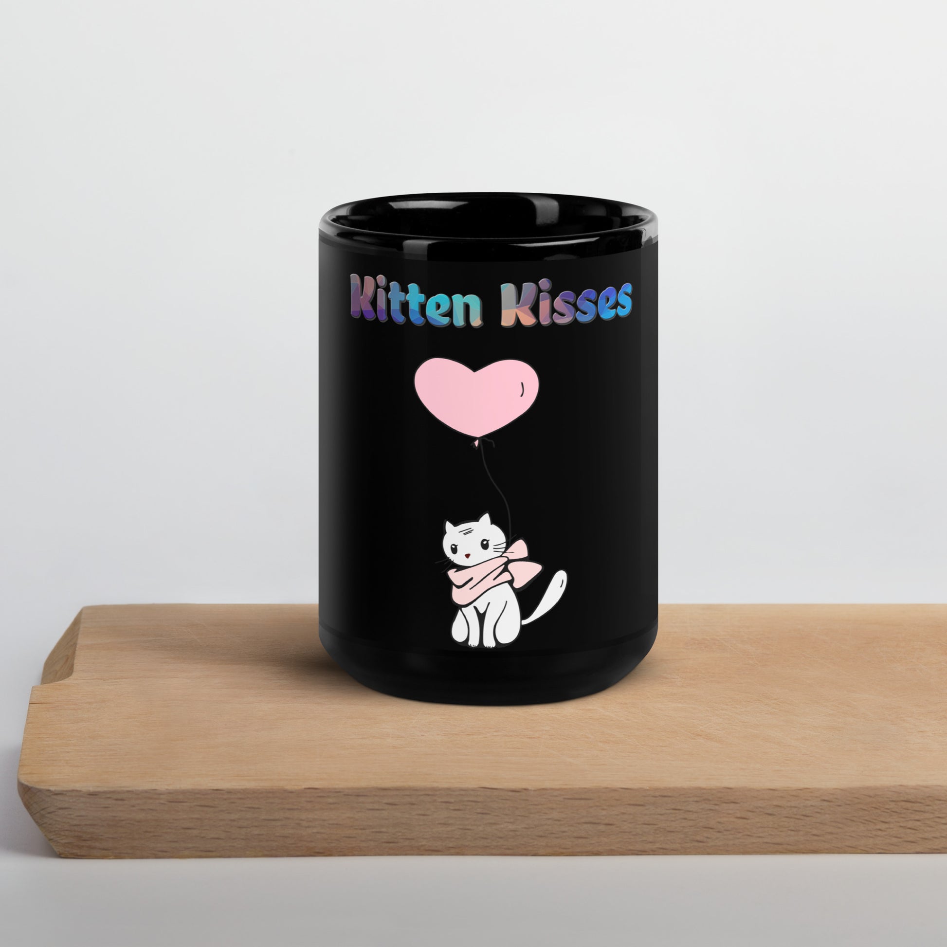 Black Glossy Mug with Cat With a Pink Heart Balloon with text "Kitten Kisses" at $25.97 found at Personalizedpetlovergifts