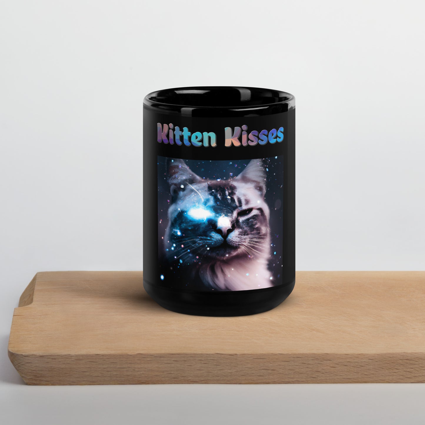 Black Glossy Mug with Cat With A Galaxy Eye with text "Kitten Kisses" at $25.97 found at Personalizedpetlovergifts