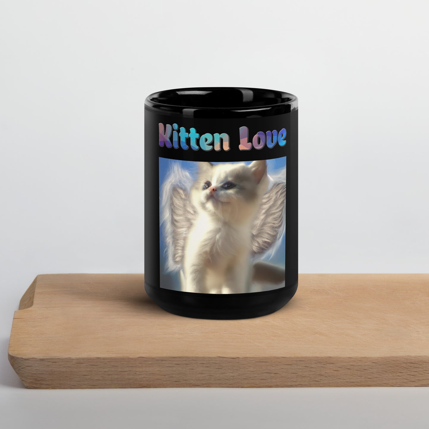 Black Glossy Mug with Cute Angel Kitten With Wings with text "Kitten Love" at $25.97 found at Personalizedpetlovergifts