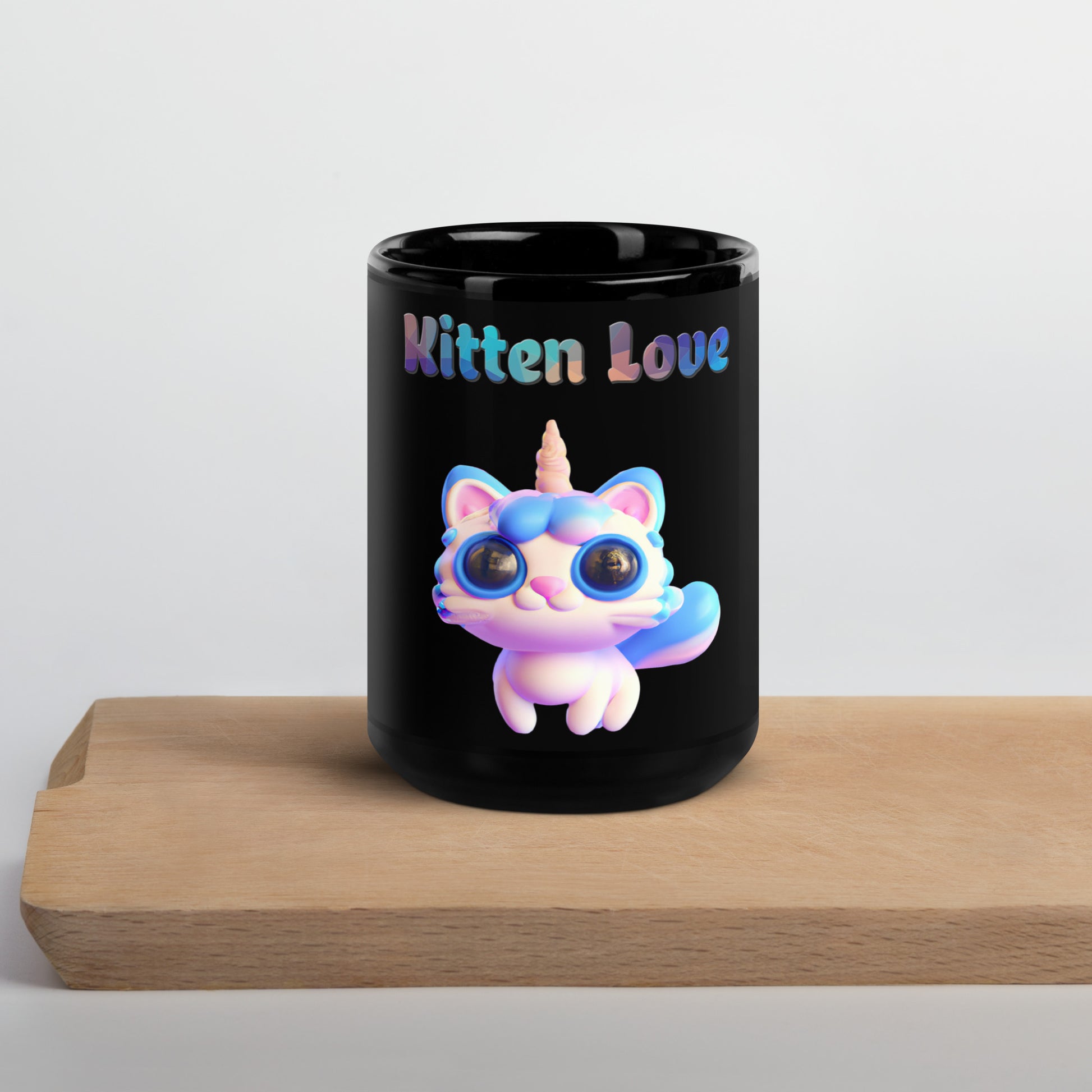 Black Glossy Mug with Cute 3D Unicorn Cat with text "Kitten Love" at $25.97 found at Personalizedpetlovergifts