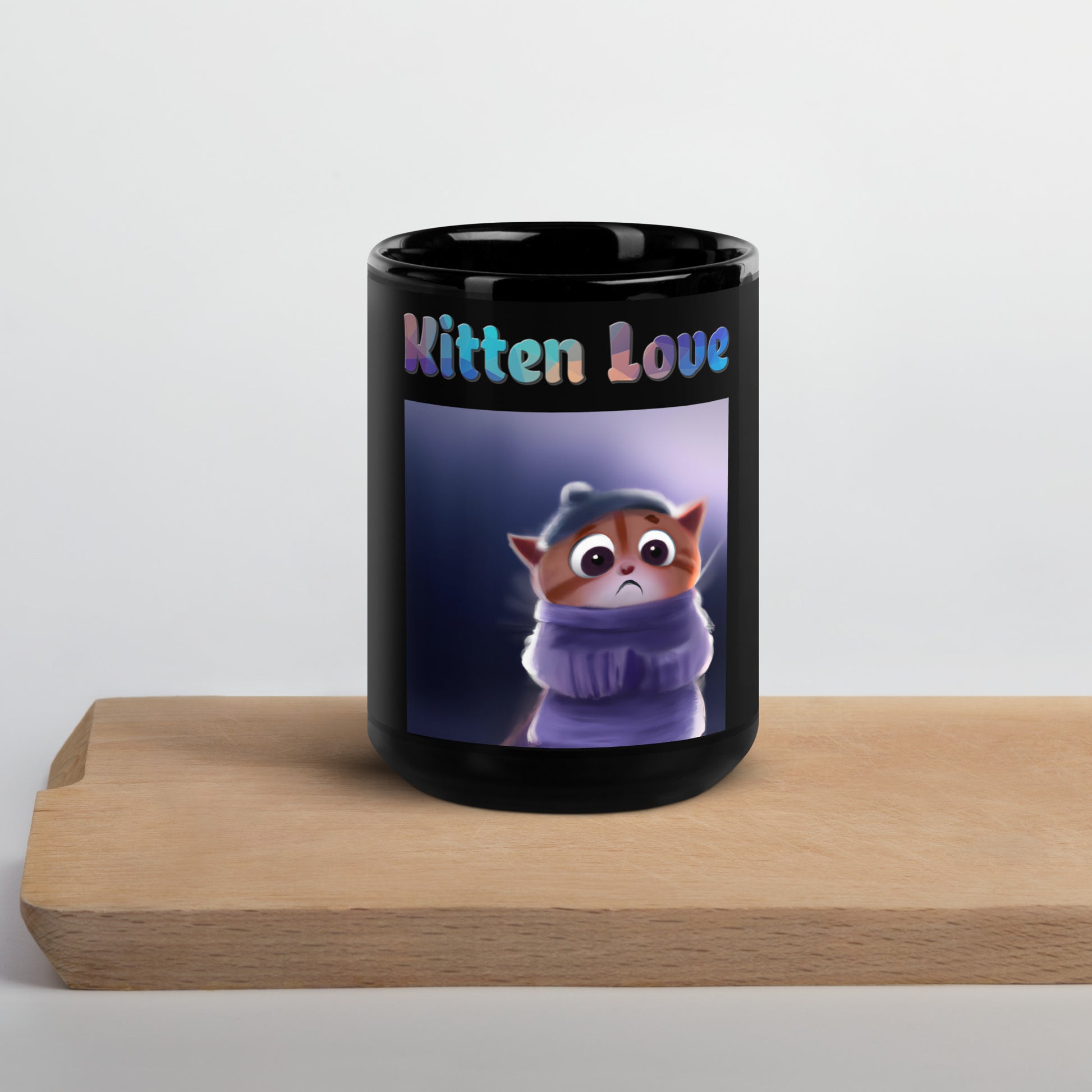 Black Glossy Mug with Cozy Kitten with text "Kitten Love" at $25.97 found at Personalizedpetlovergifts