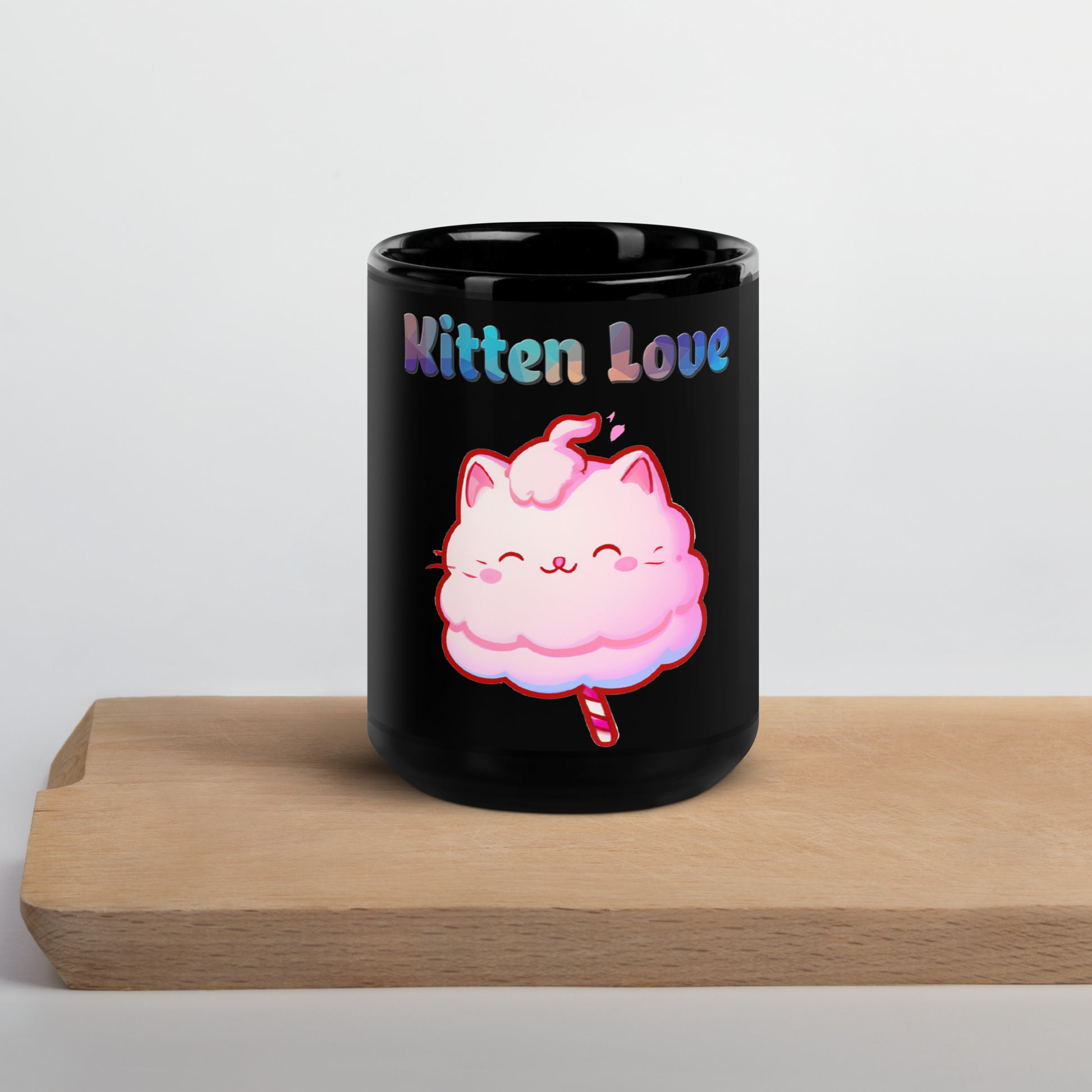 Black Glossy Mug with Cotton Candy Cat with text "Kitten Love" at $25.97 found at Personalizedpetlovergifts