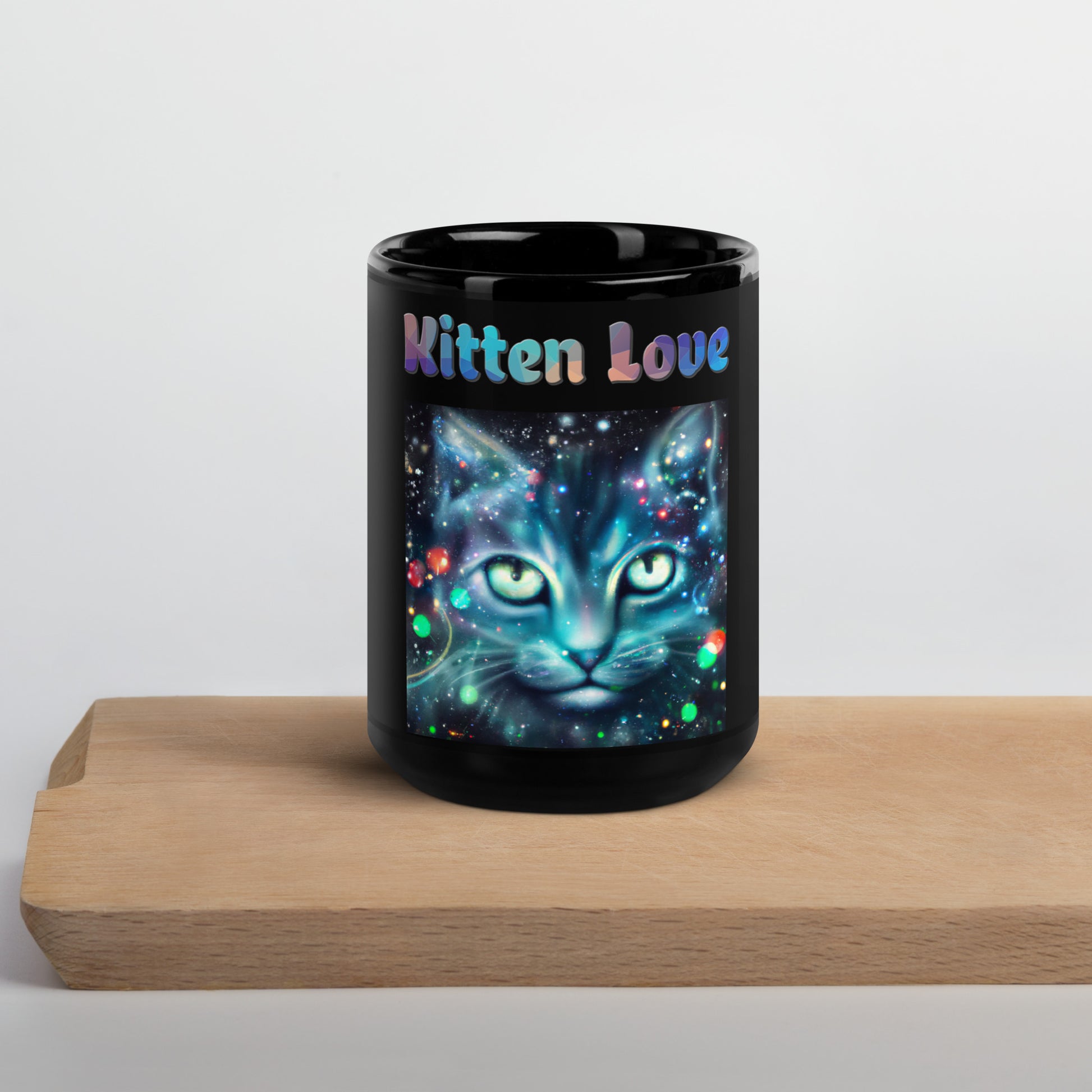 Black Glossy Mug with Cosmic Cat with text "Kitten Love" at $25.97 found at Personalizedpetlovergifts