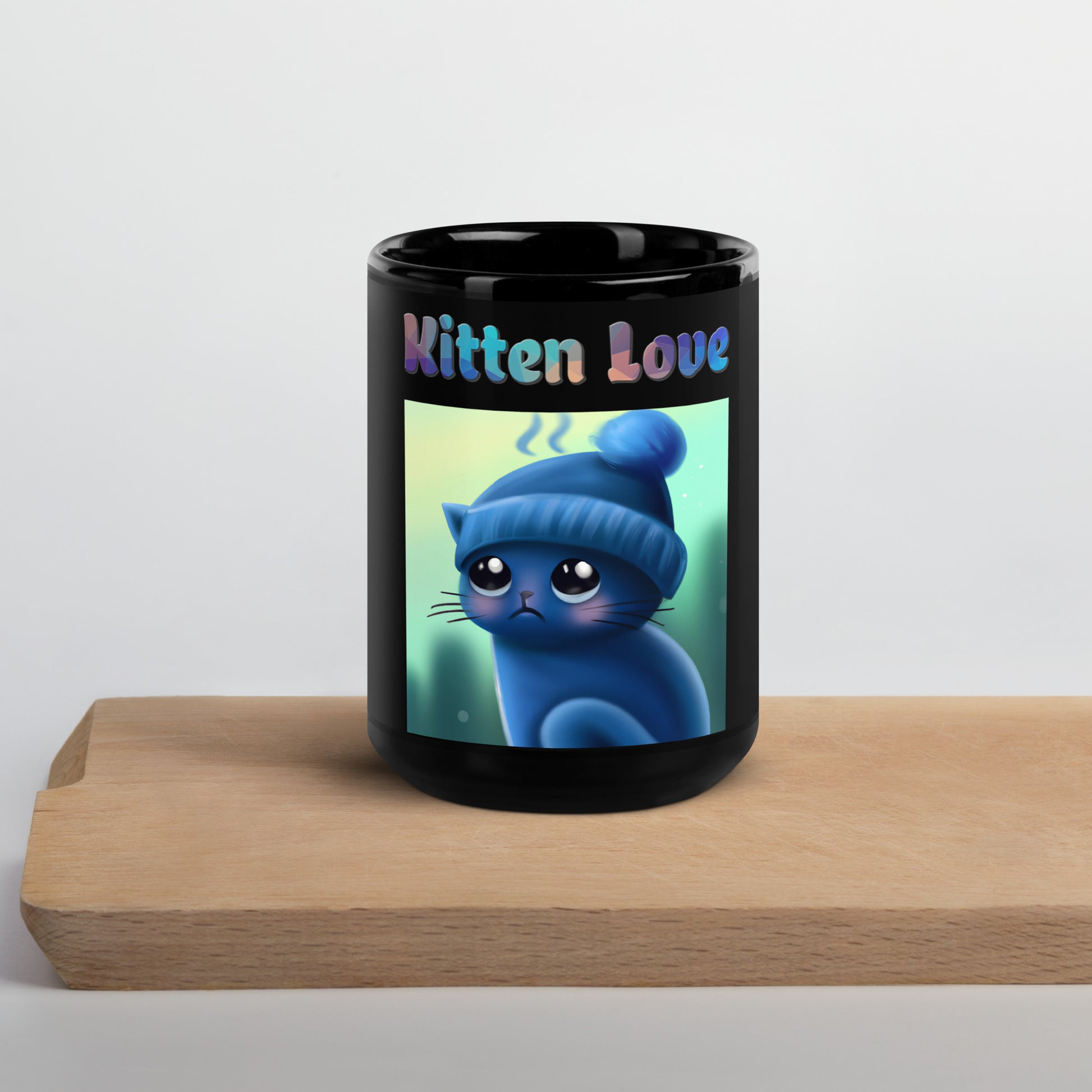 Black Glossy Mug with Cold Kitten In a Hat with text "Kitten Love" at $25.97 found at Personalizedpetlovergifts