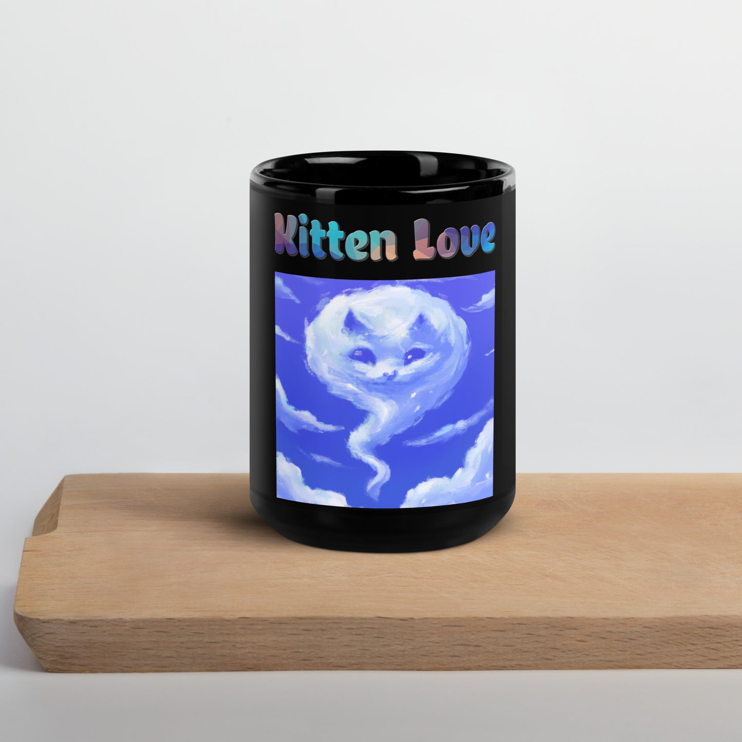 Black Glossy Mug with Cloud With a Cat Face with text "Kitten Love" at $25.97 found at Personalizedpetlovergifts