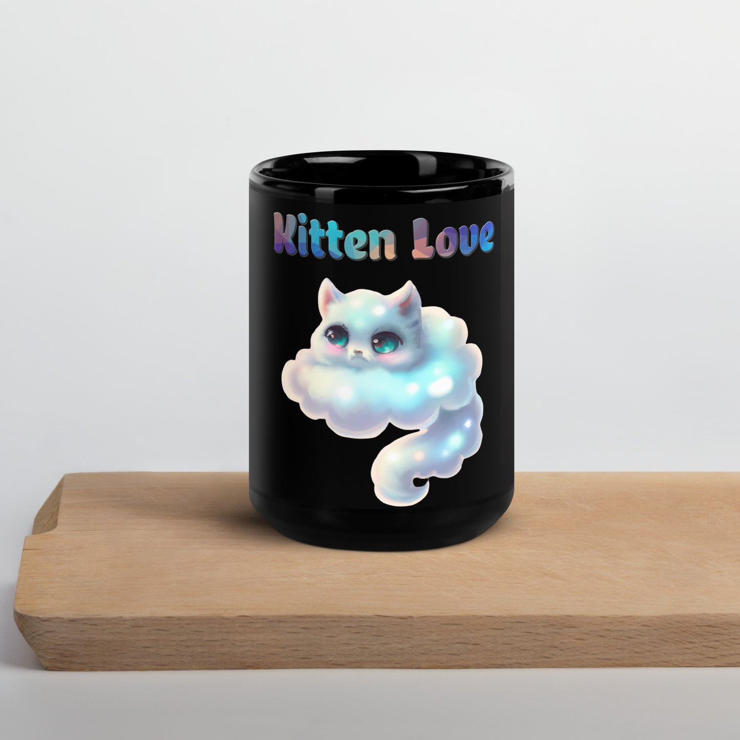 Black Glossy Mug with Cloud Shaped Kitten with text "Kitten Love" at $25.97 found at Personalizedpetlovergifts