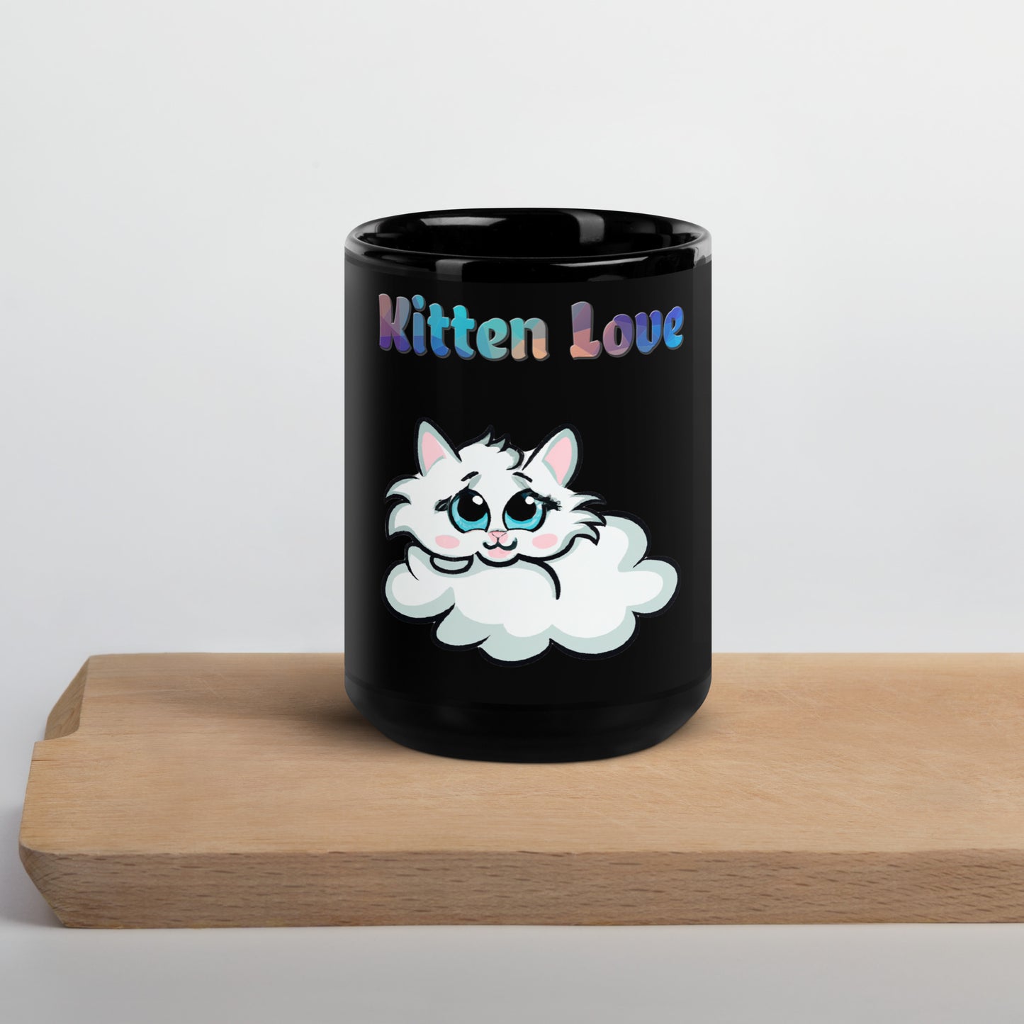 Black Glossy Mug with Cloud Kitten with text "Kitten Love" at $25.97 found at Personalizedpetlovergifts