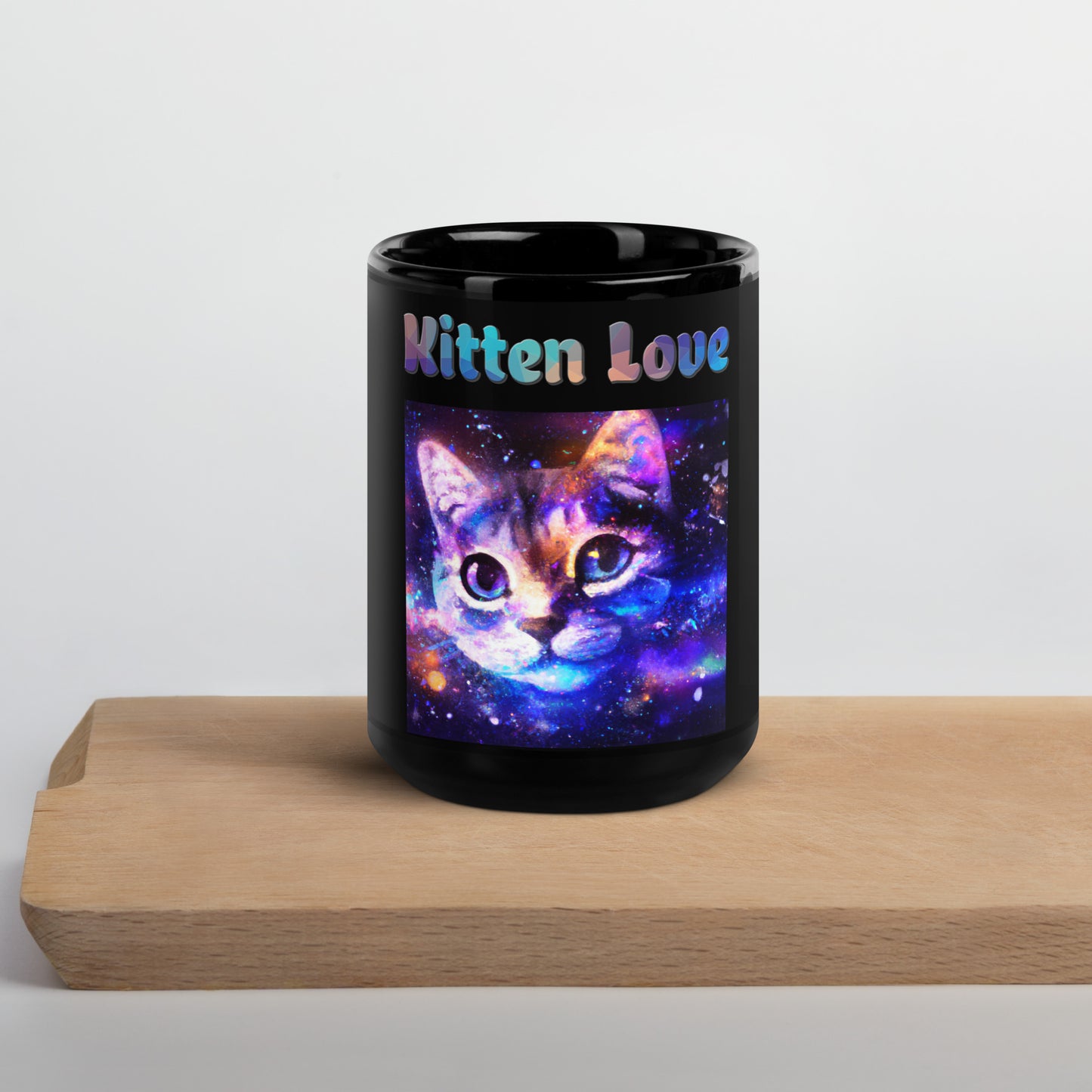 Black Glossy Mug with Cat With Space with text "Kitten Love" at $25.97 found at Personalizedpetlovergifts