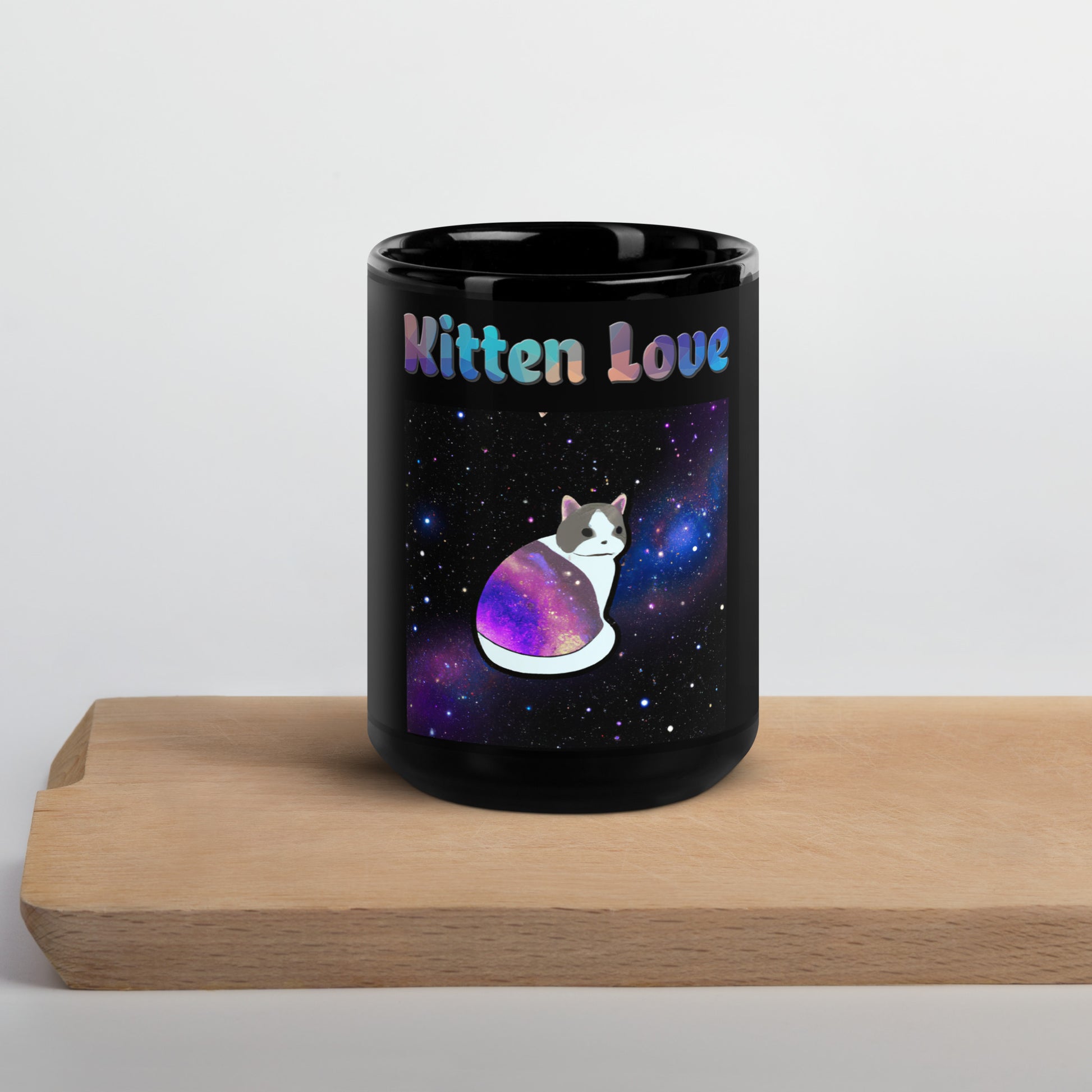 Black Glossy Mug with Cat With Space Clothes with text "Kitten Love" at $25.97 found at Personalizedpetlovergifts