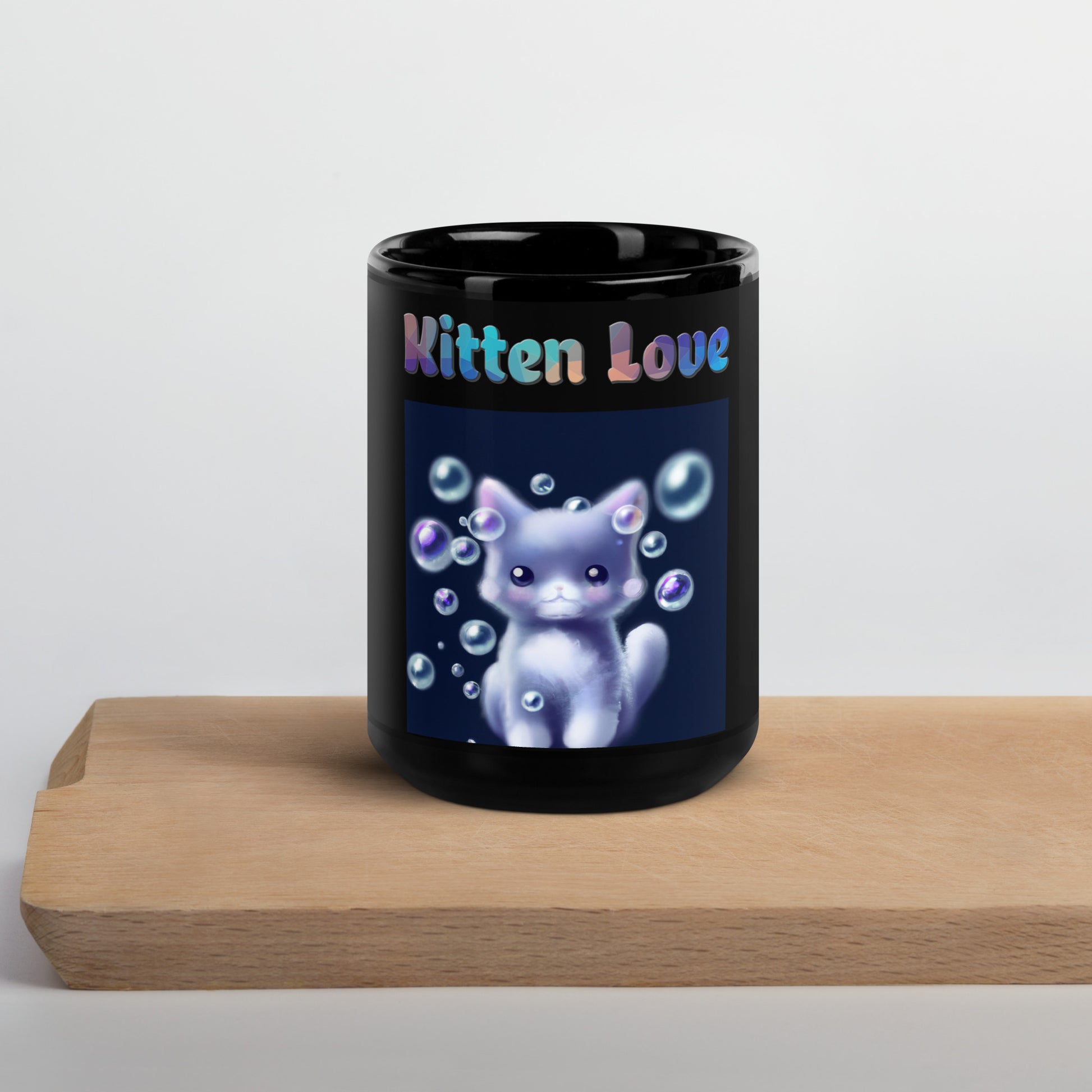 Black Glossy Mug with Cat With Soap Bubbles with text "Kitten Love" at $25.97 found at Personalizedpetlovergifts