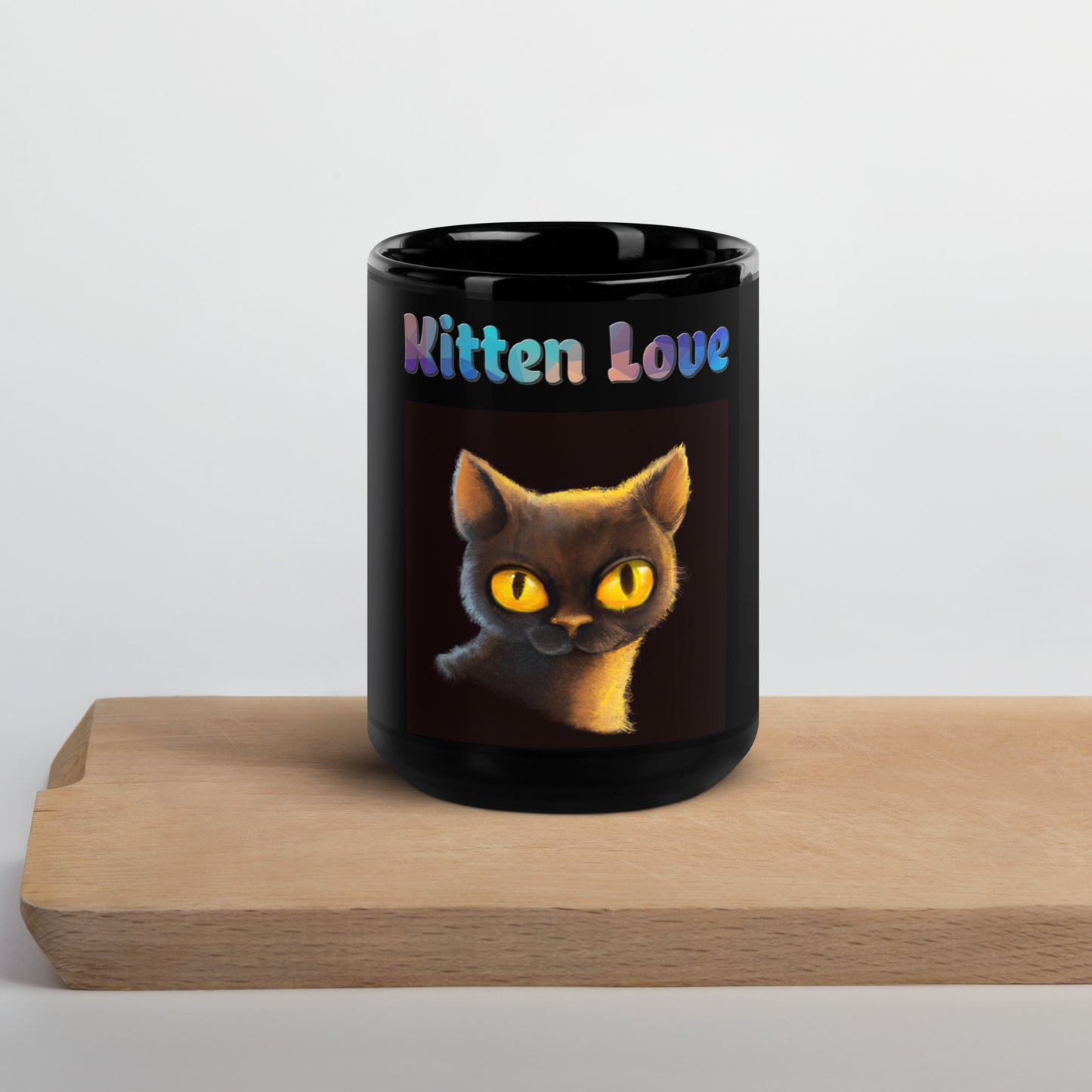 Black Glossy Mug with Cat With Shiny Yellow Eyes with text "Kitten Love" at $25.97 found at Personalizedpetlovergifts