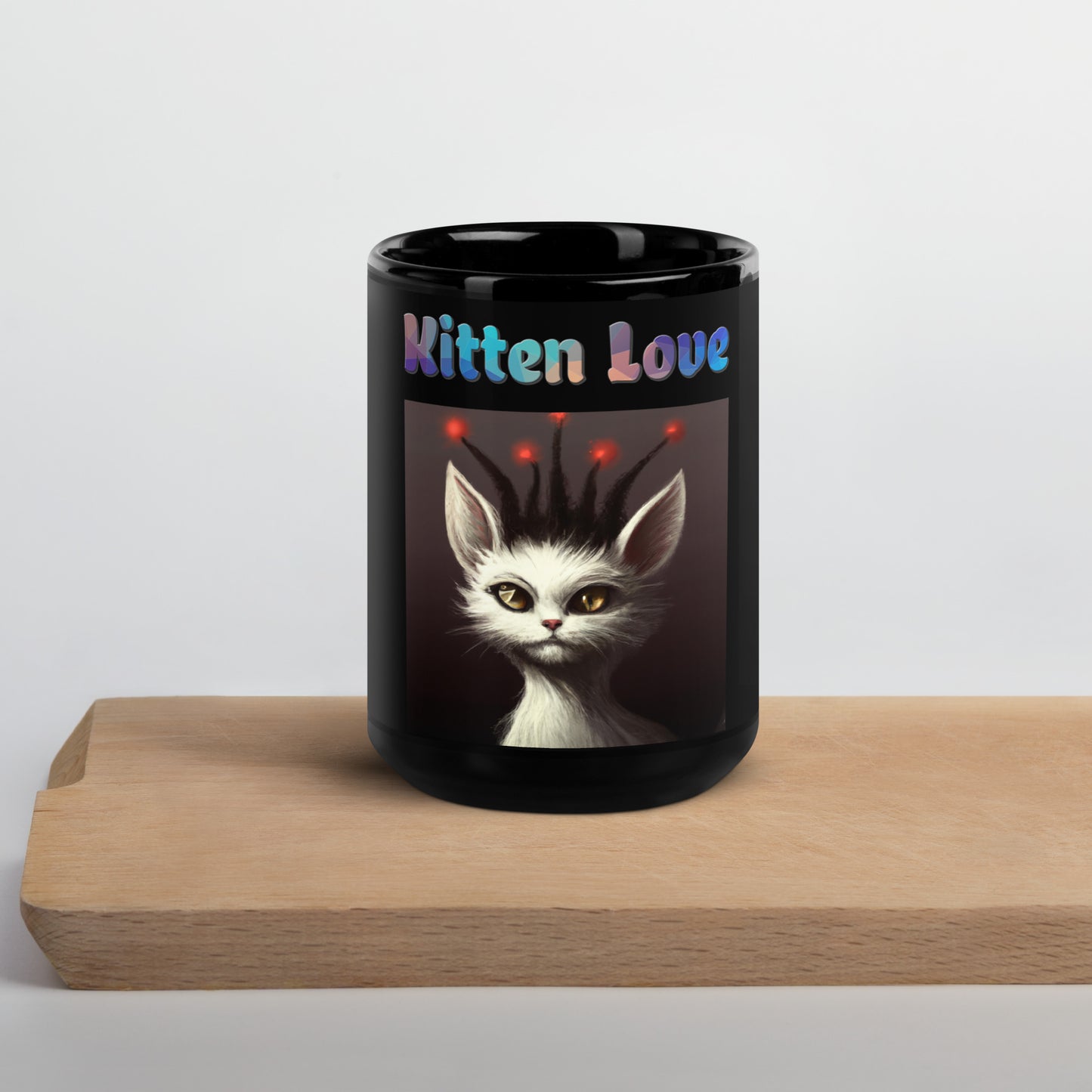 Black Glossy Mug with Cat With Red Alien Spikes with text "Kitten Love" at $25.97 found at Personalizedpetlovergifts