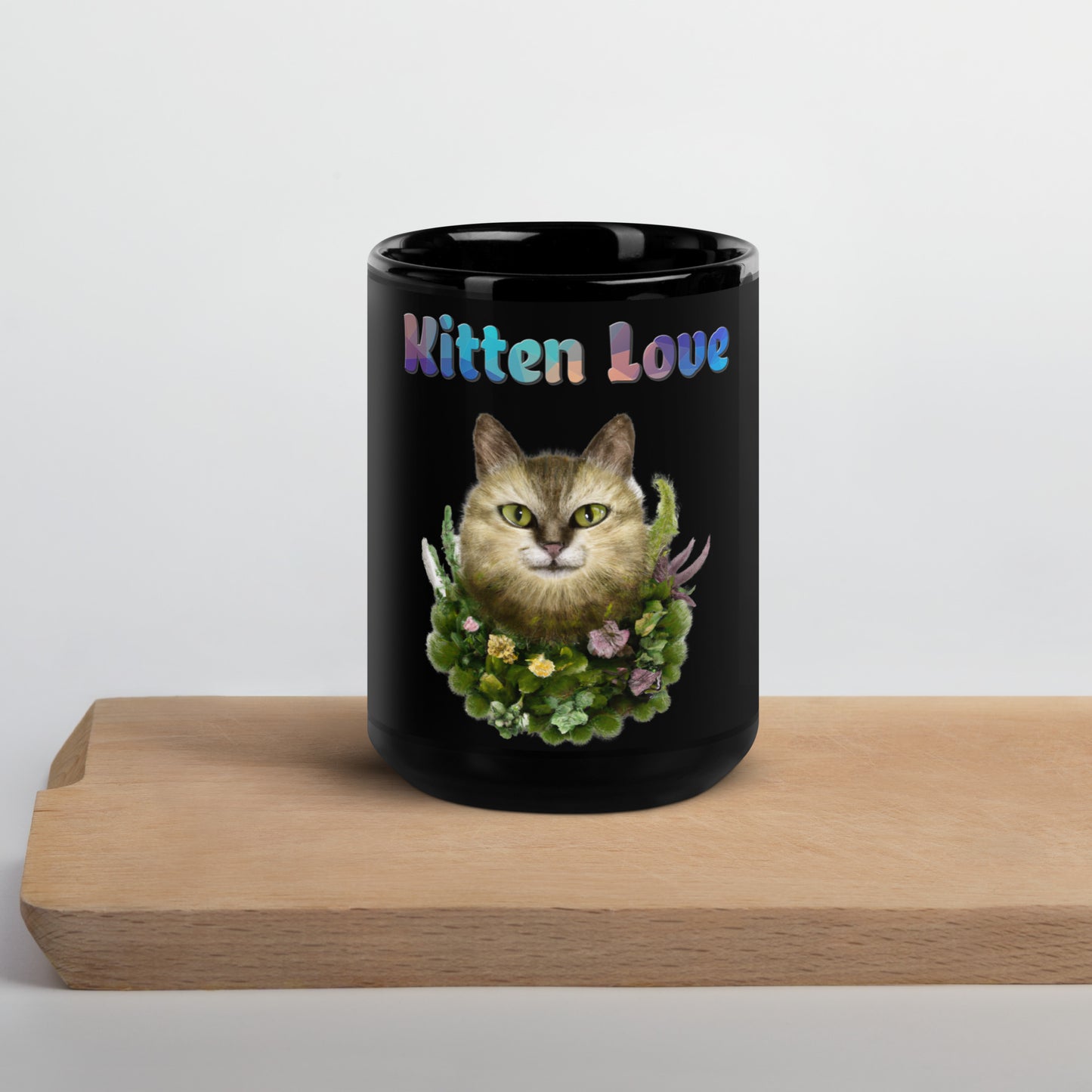 Black Glossy Mug with Cat With Plants And Flowers with text "Kitten Love" at $25.97 found at Personalizedpetlovergifts