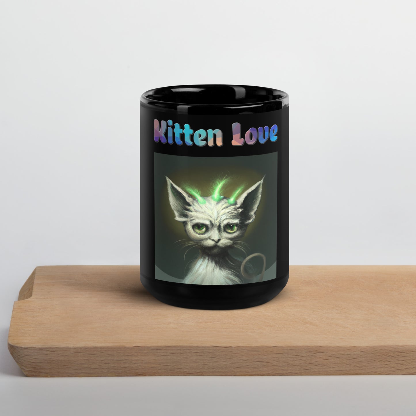 Black Glossy Mug with Cat With Green Alien Spikes with text "Kitten Love" at $25.97 found at Personalizedpetlovergifts