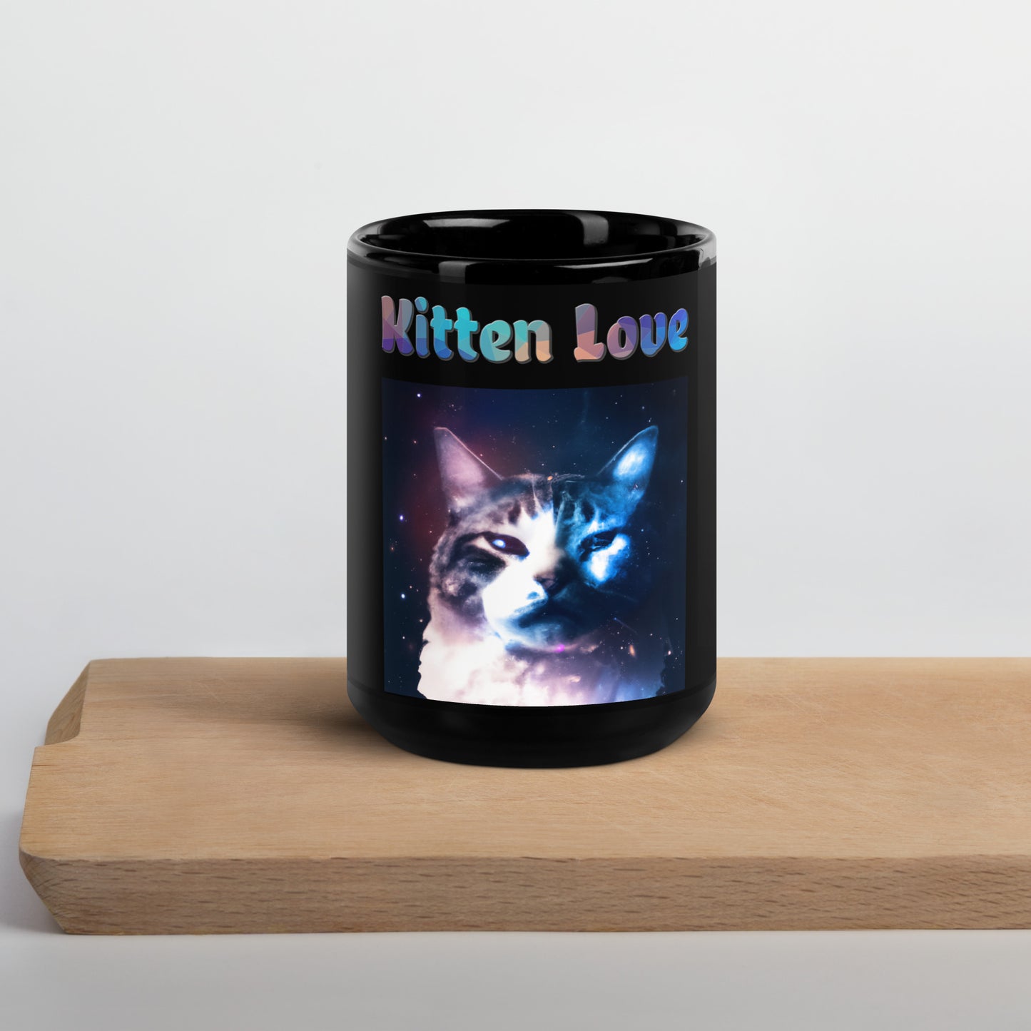 Black Glossy Mug with Cat With Galaxy with text "Kitten Love" at $25.97 found at Personalizedpetlovergifts