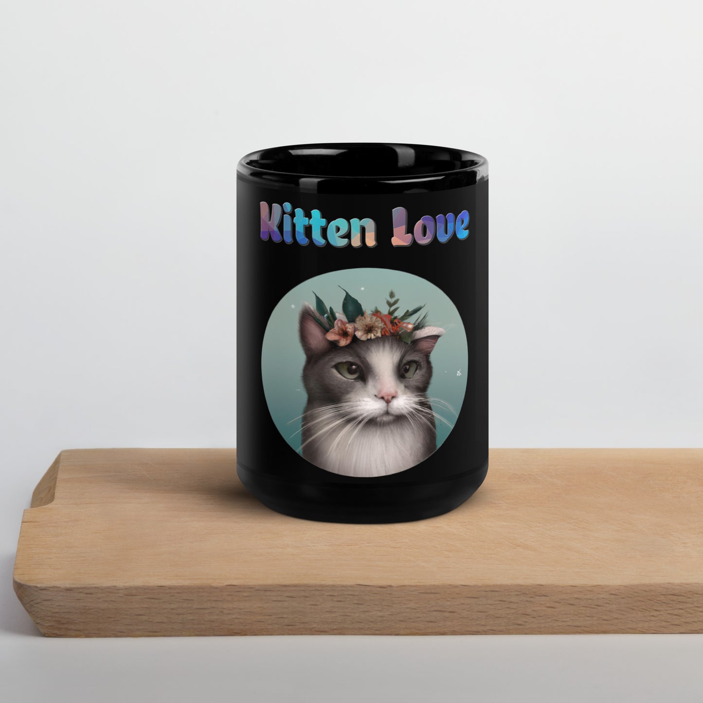 Black Glossy Mug with Cat With Flowers with text "Kitten Love" at $25.97 found at Personalizedpetlovergifts