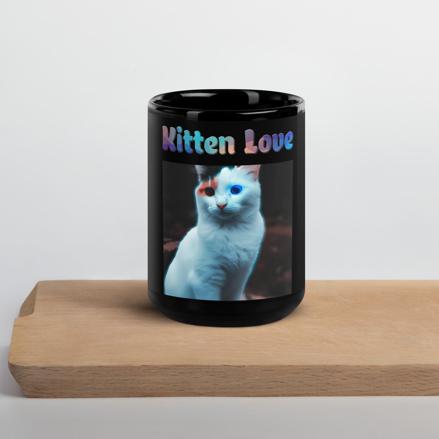 Black Glossy Mug with Cat With Colorful Eyes with text "Kitten Love" at $25.97 found at Personalizedpetlovergifts