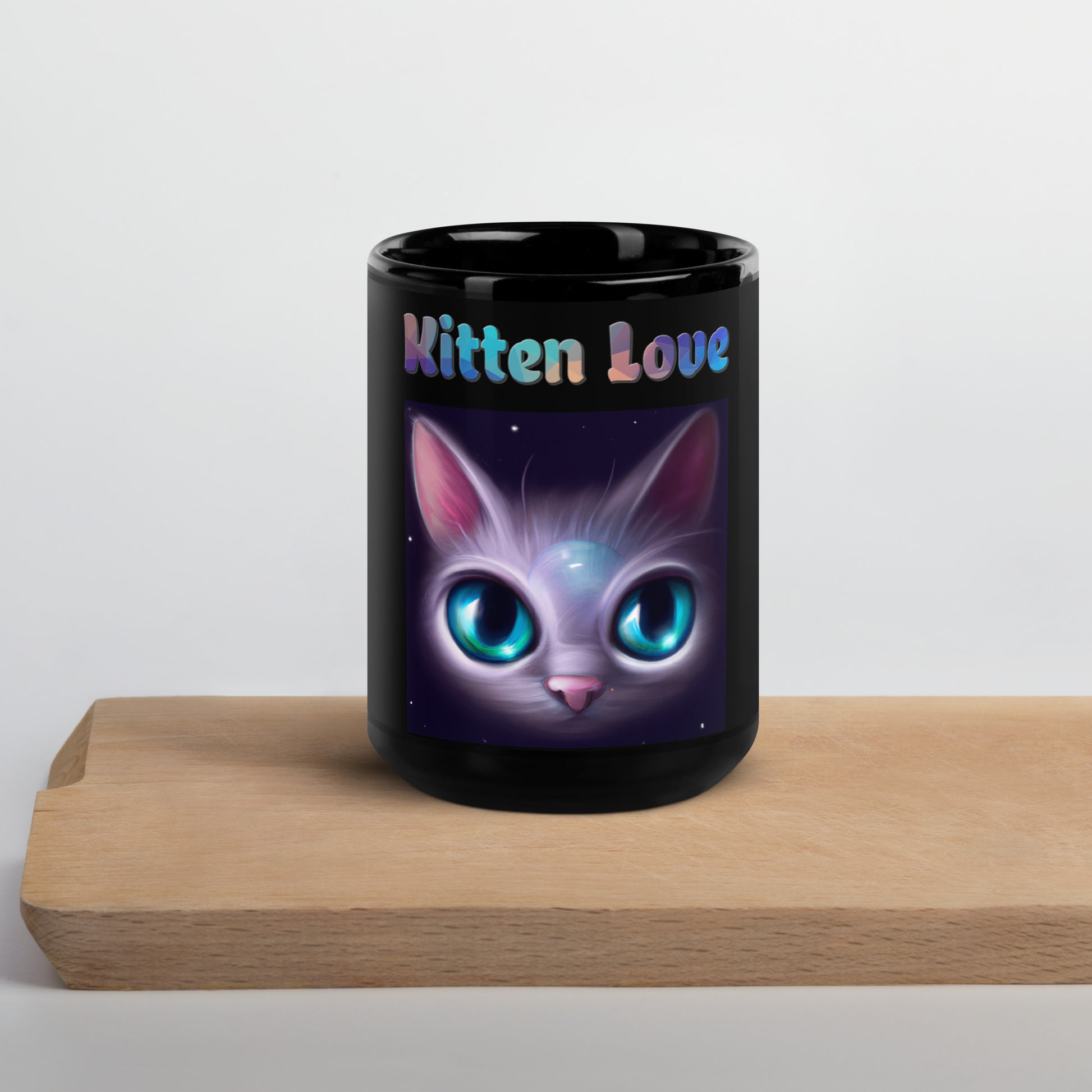 Black Glossy Mug with Cat With Bright Blue Eyes with text "Kitten Love" at $25.97 found at Personalizedpetlovergifts