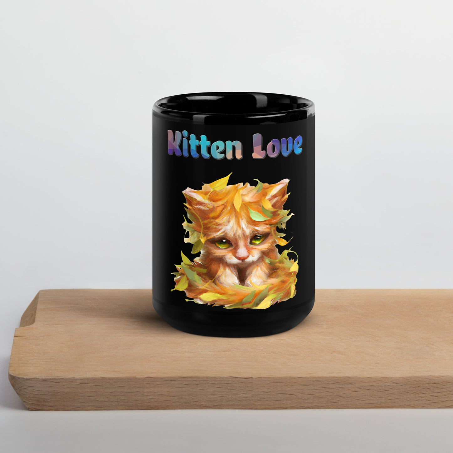 Black Glossy Mug with Cat With Autumn Leaves with text "Kitten Love" at $25.97 found at Personalizedpetlovergifts