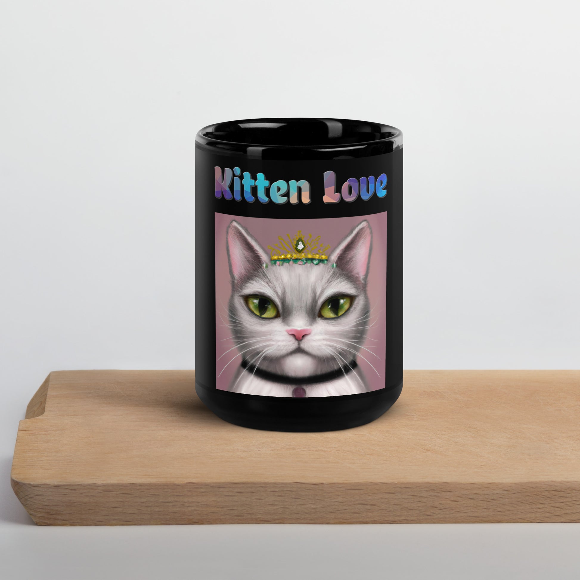 Black Glossy Mug with Cat With a Tiara with text "Kitten Love" at $25.97 found at Personalizedpetlovergifts