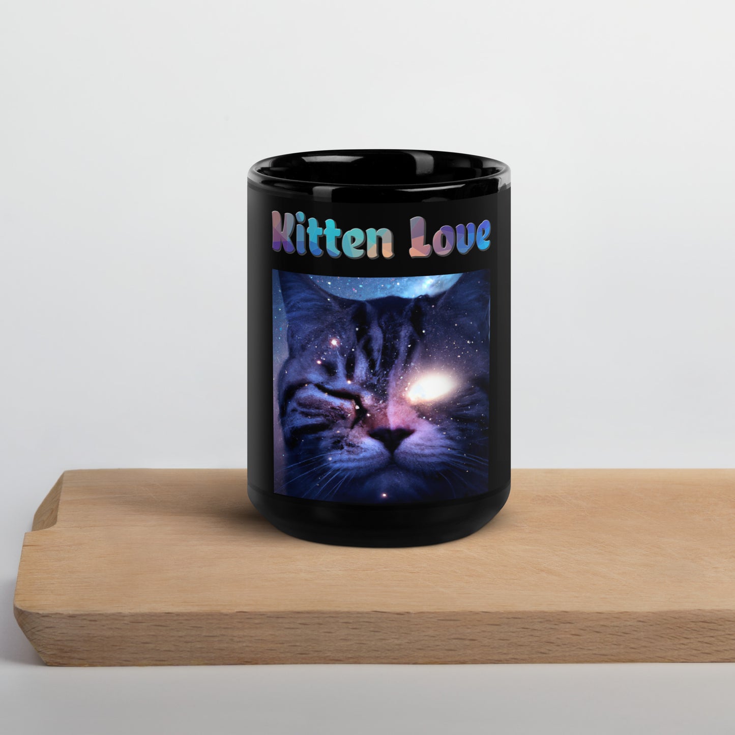 Black Glossy Mug with Cat With a Shiny Eye with text "Kitten Love" at $25.97 found at Personalizedpetlovergifts