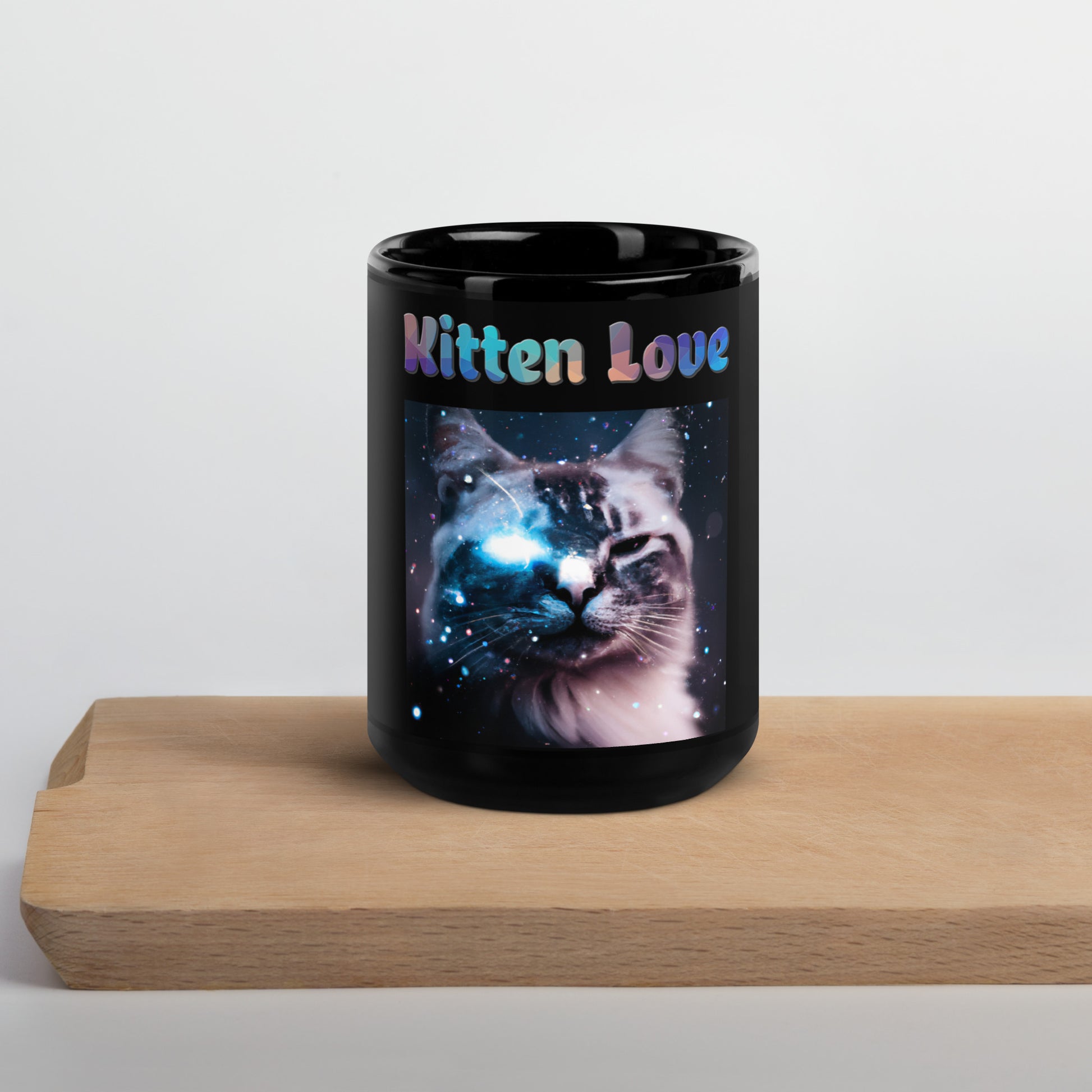 Black Glossy Mug with Cat With A Galaxy Eye with text "Kitten Love" at $25.97 found at Personalizedpetlovergifts