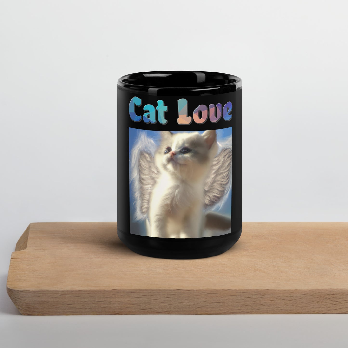 Black Glossy Mug with Cute Angel Kitten With Wings with text "Cat Love" at $25.97 found at Personalizedpetlovergifts