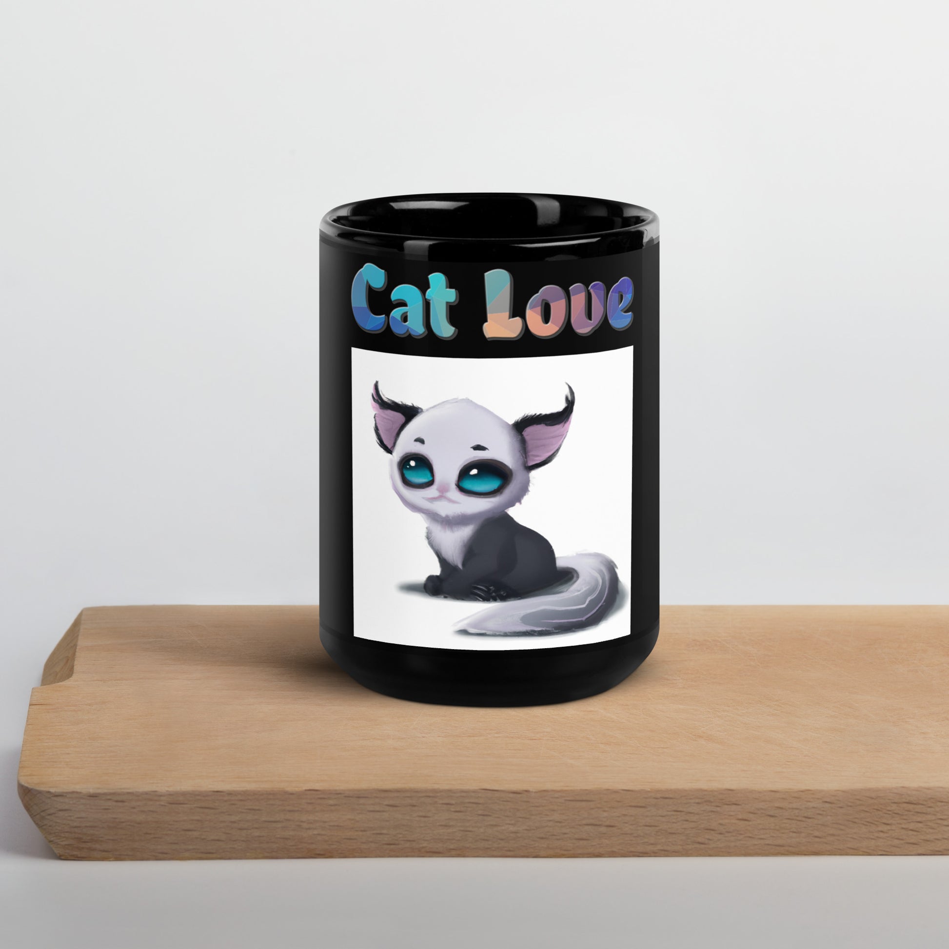 Black Glossy Mug with Cute Alien Kitten with text "Cat Love" at $25.97 found at Personalizedpetlovergifts